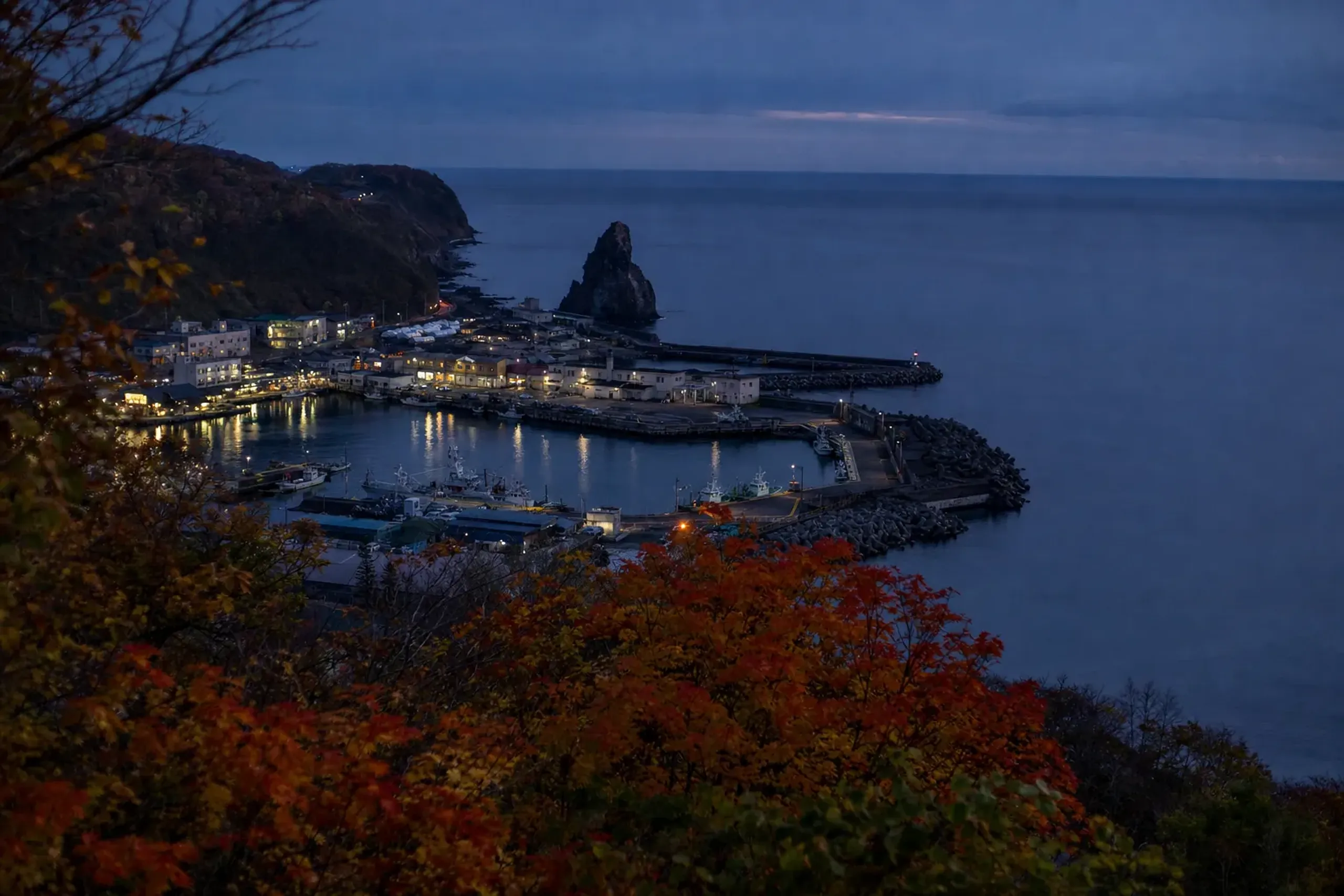 the harbor town of Utoro on the western Shiretoko coast facing the Sea of Okhotsk
