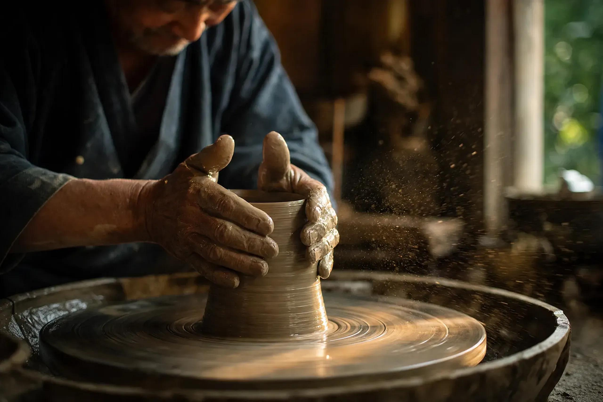 a potter's hands steady on wet clay rising at the wheel, eyes fixed on the clay, dust floating in a shaft of light across the unchanged workroom