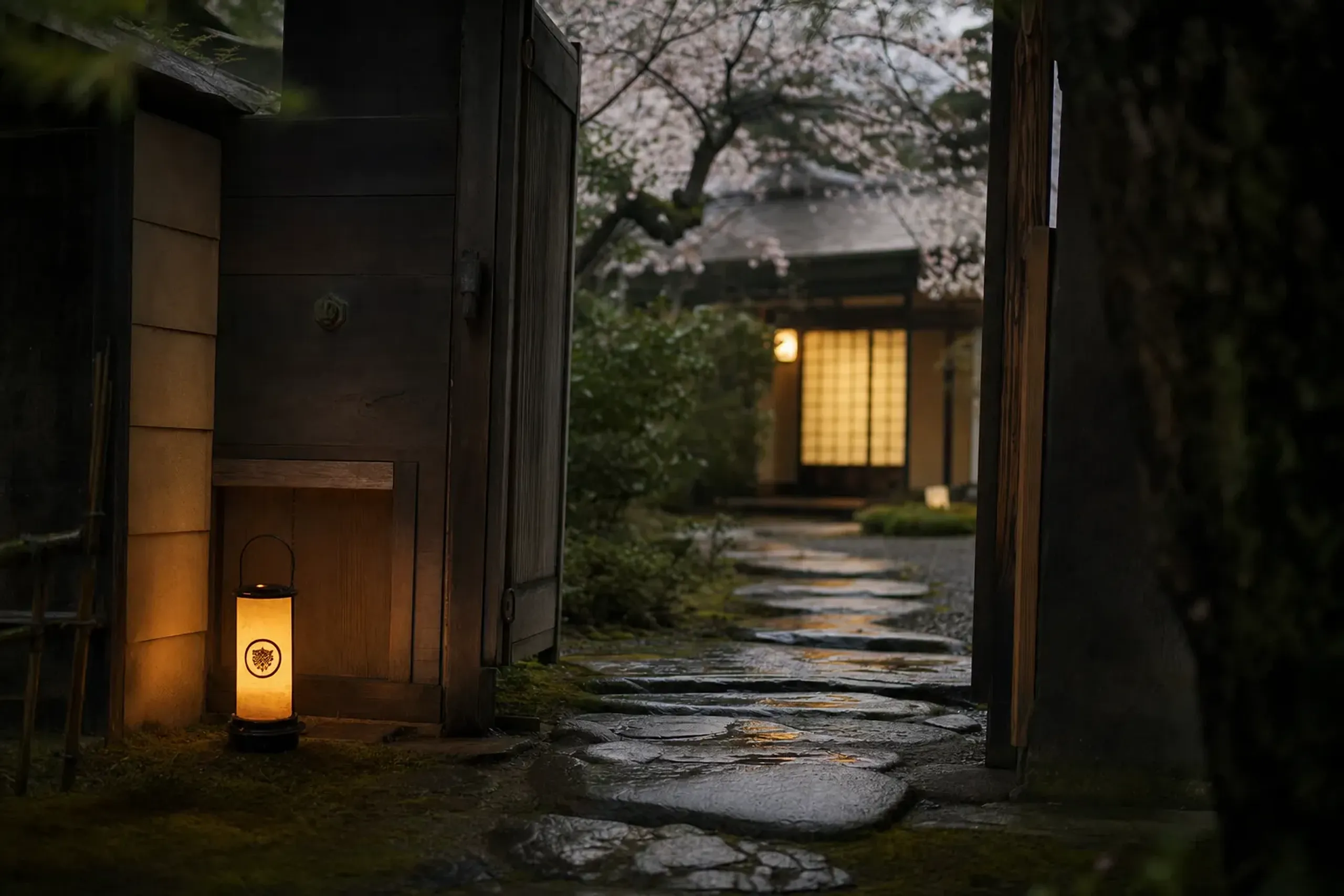 a lantern-lit garden doorway at Sumiya at night, glowing paper shoji beyond a stepping-stone path