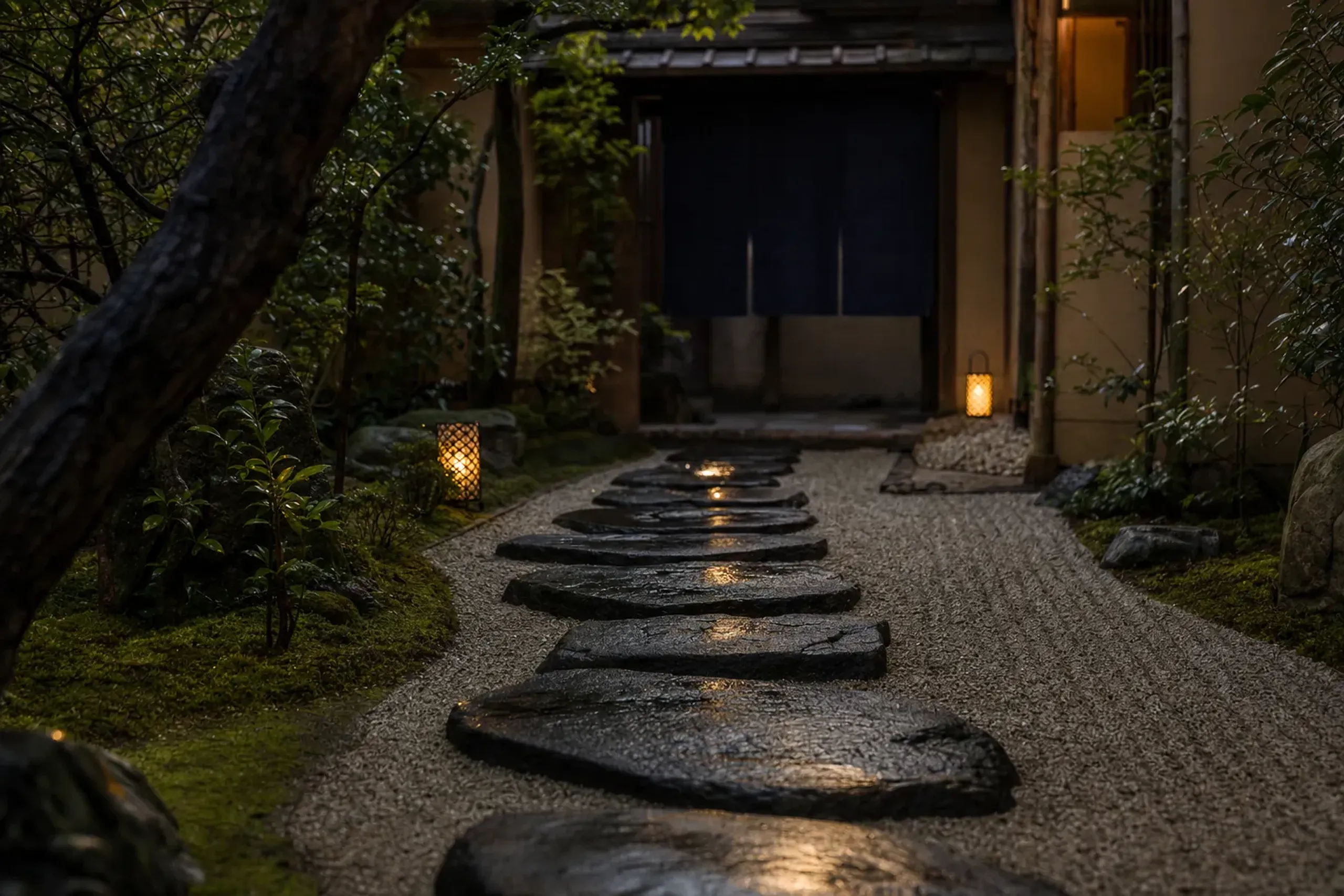 the water-sprinkled stone garden approach path leading to Sumiya's entrance, glistening in early morning light