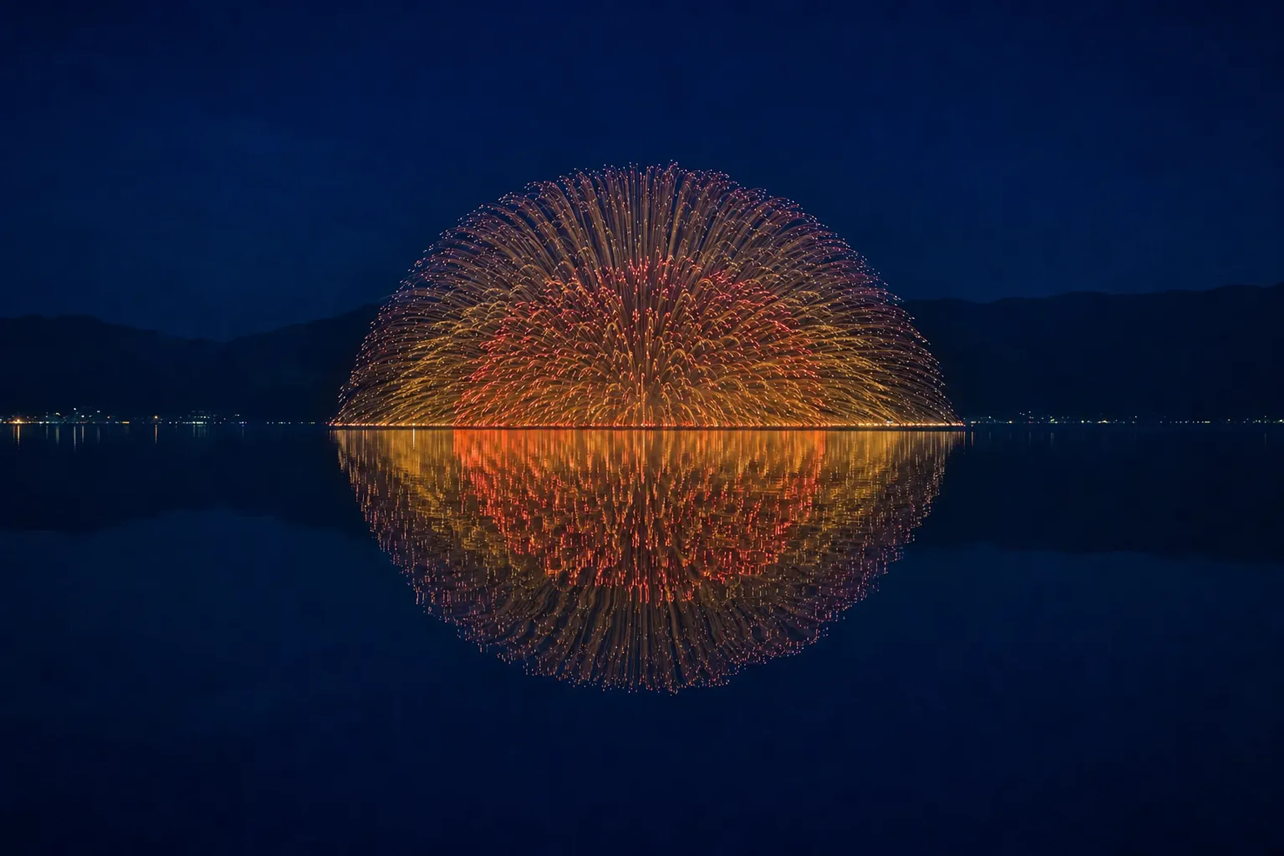 A Suijō Starmine hemispheric bloom spreading outward from the water of Lake Suwa with its colors mirrored on the lake's surface