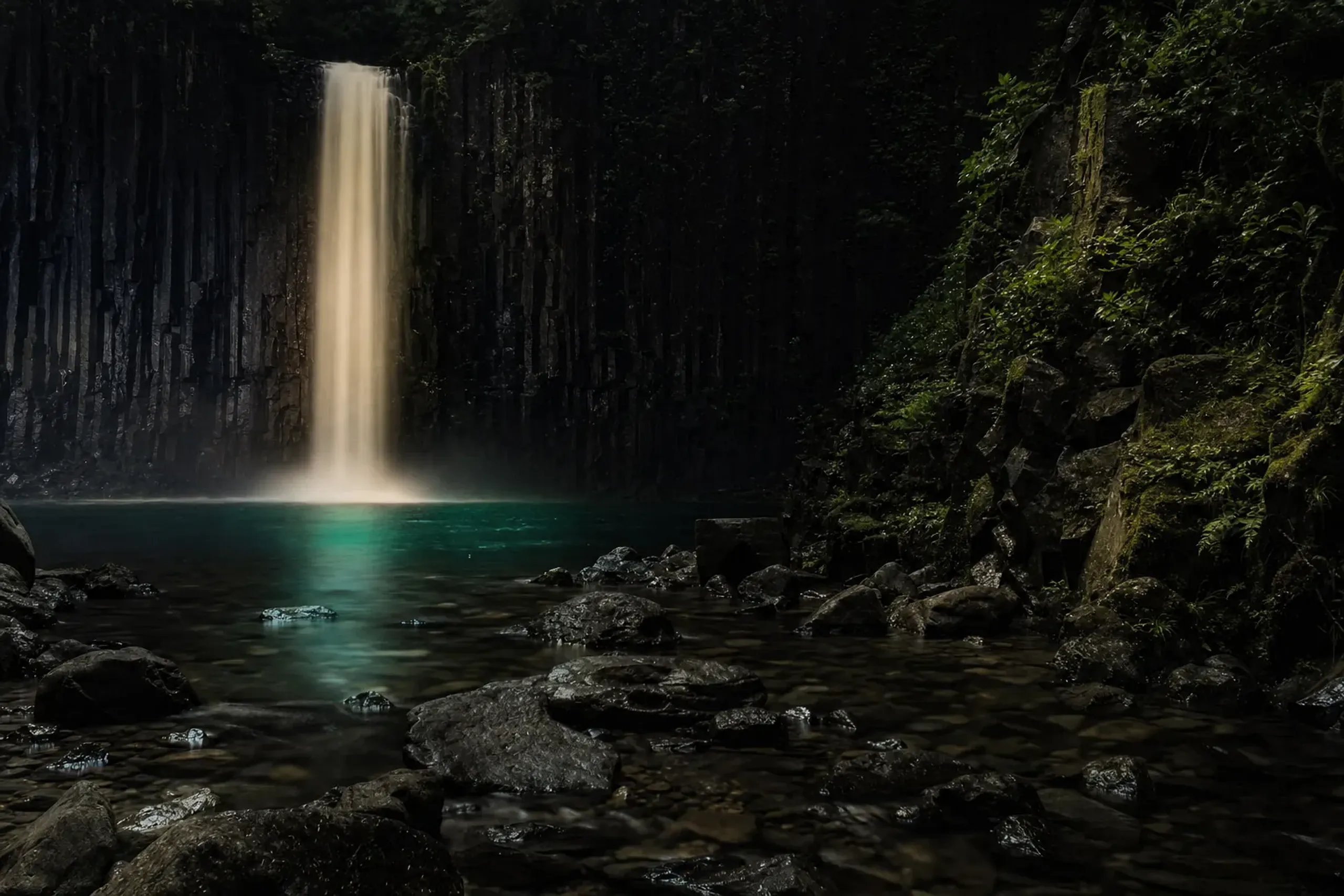 the illuminated Manai Falls cascading into Takachiho Gorge glowing against the dark columnar cliffs at night