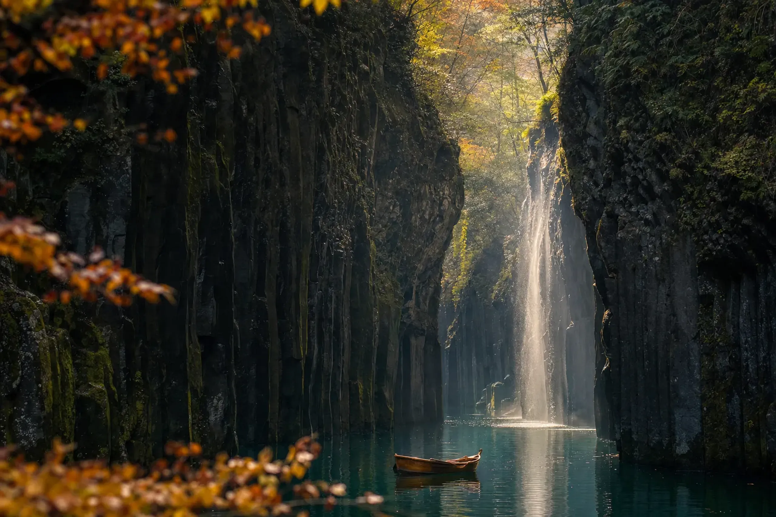 Takachiho Gorge is a columnar basalt canyon formed by pyrocl