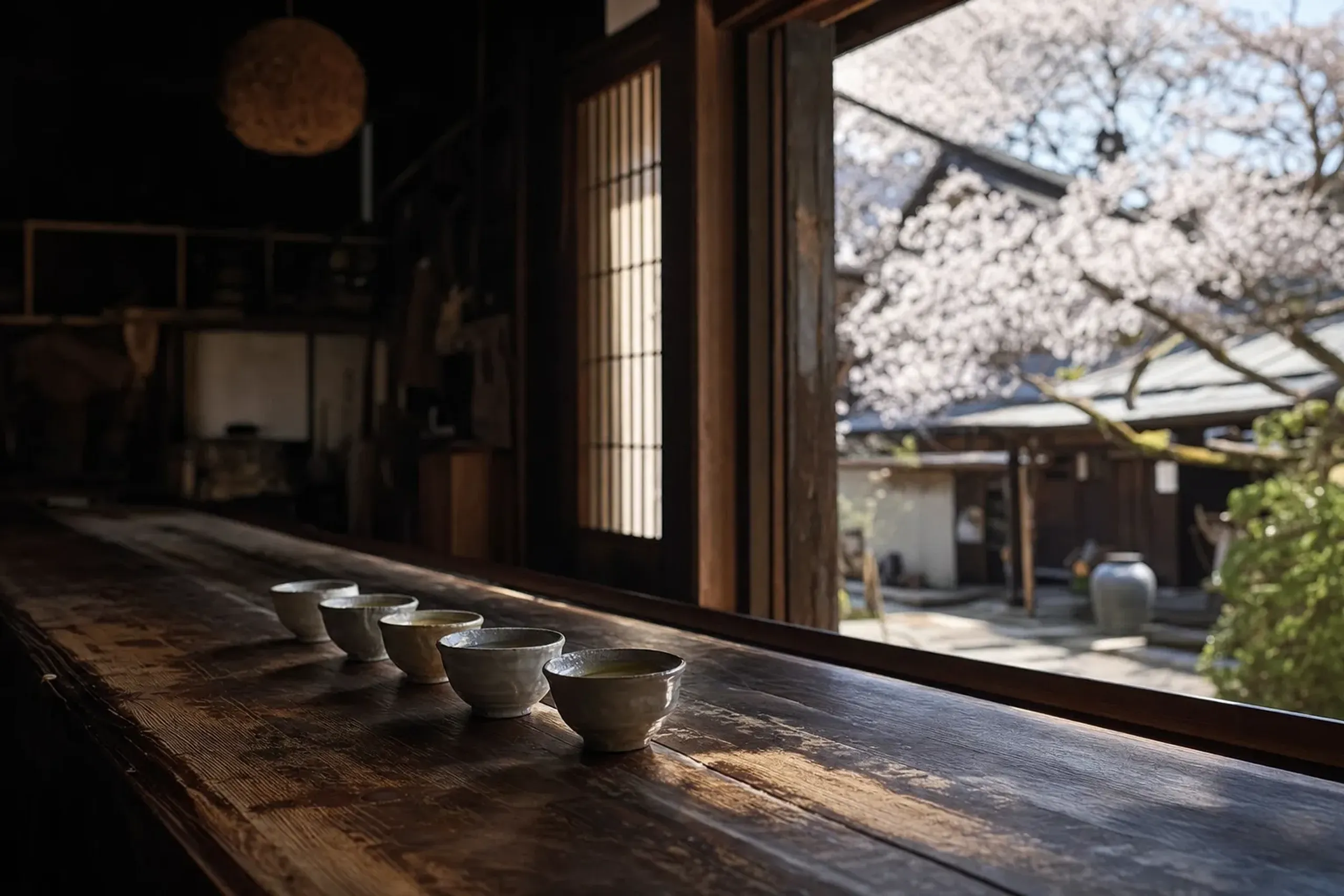 a modest sake tasting set of small pours arranged on a wooden counter inside an Edo-period Takayama sake brewery
