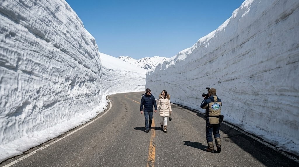 Two people walk down a clear mountain road bordered by towering snow walls while a photographer captures them from the side.