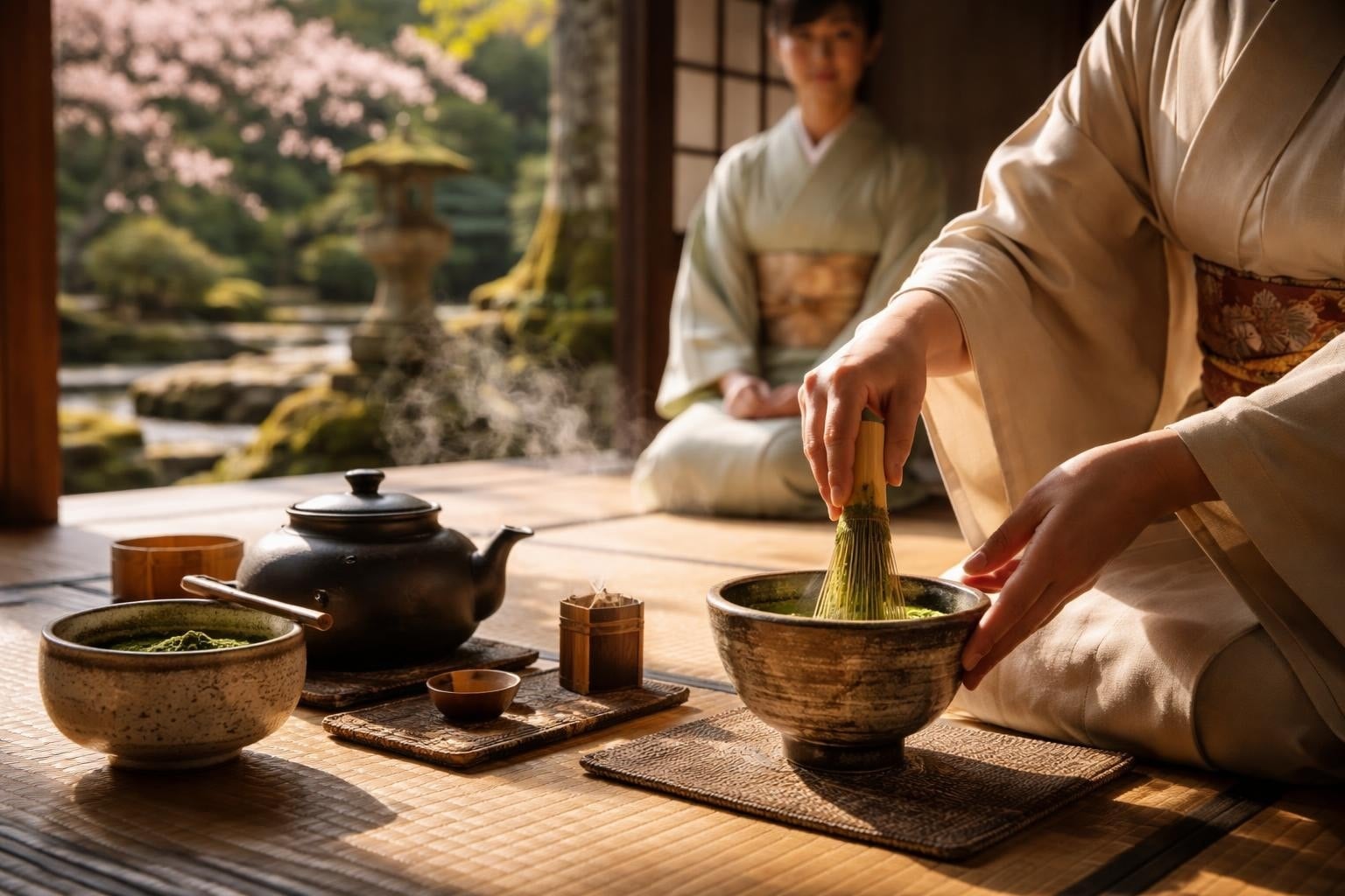 Person whisking matcha tea in a ceramic bowl during a traditional Japanese tea ceremony, with a kettle and bowls on the tatami mat in the background.
