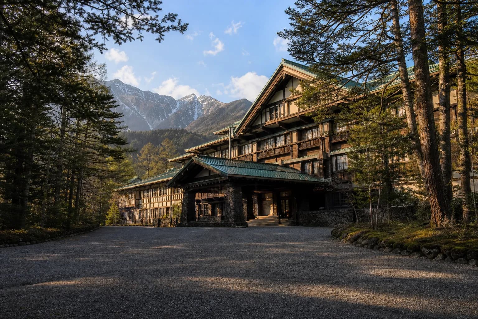 Kamikochi Imperial Hotel exterior building among trees in Kamikochi