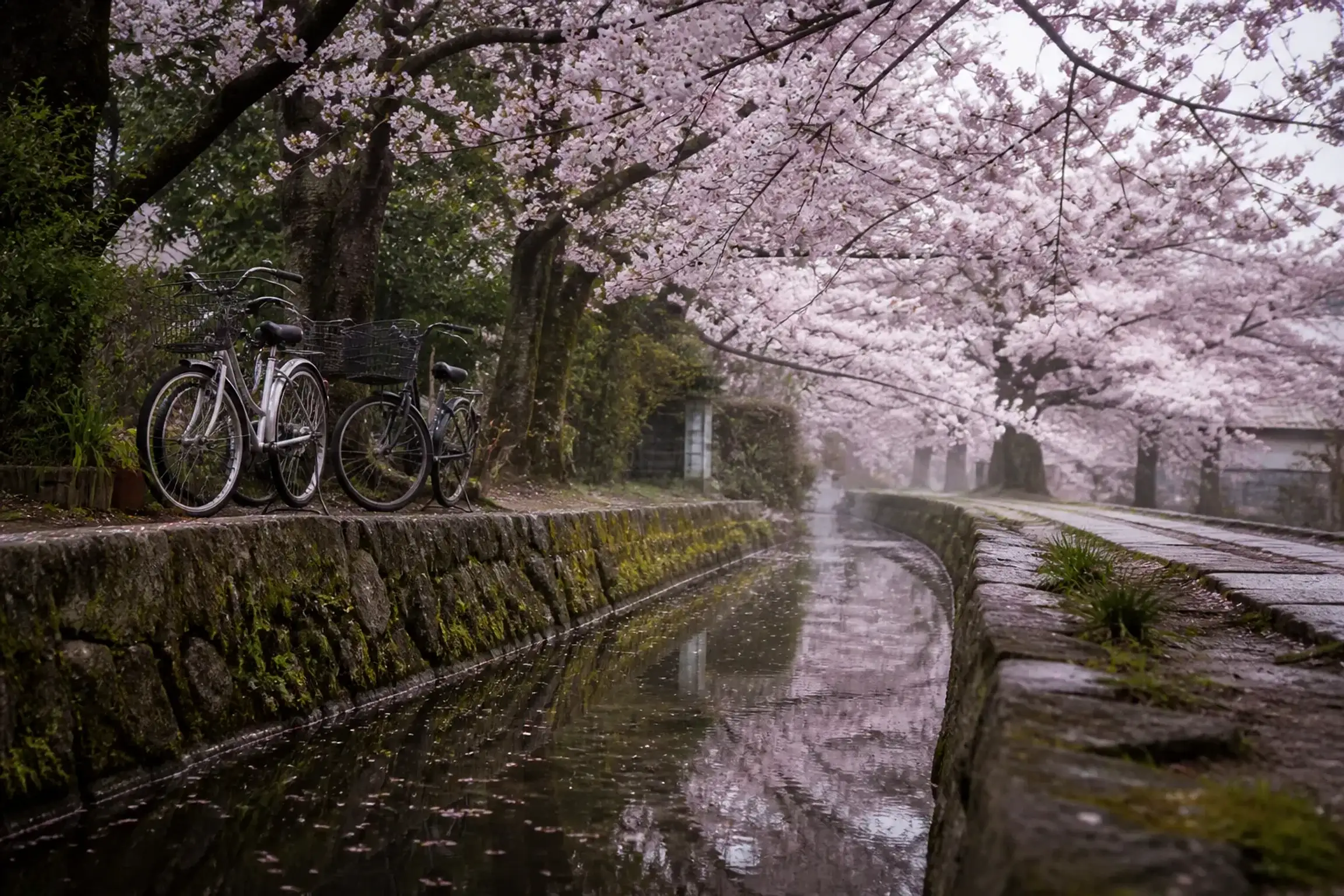 Philosopher’s Path in Kyoto during cherry blossoms in early morning with few people