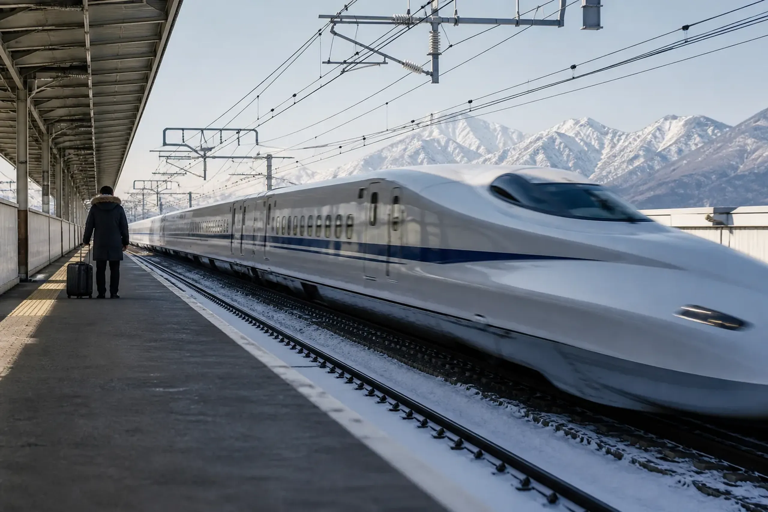 A Nozomi shinkansen train departing a platform on the Tokaido-Sanyo line in crisp, clear winter light, with snow visible on distant mountains