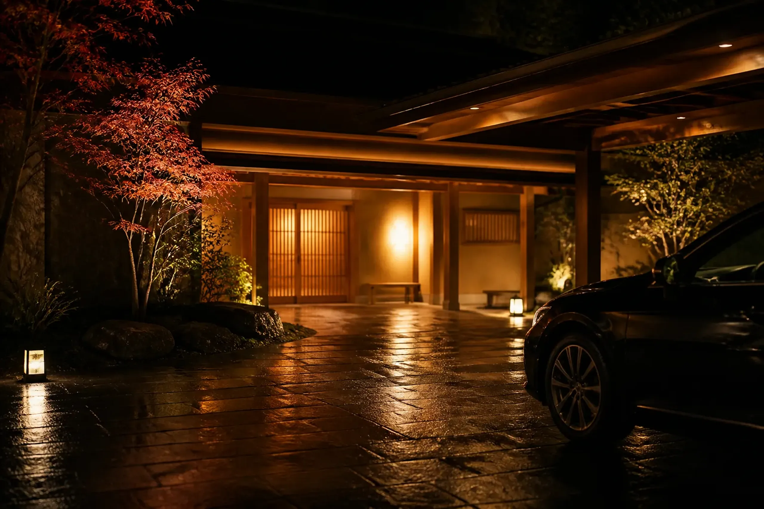 Quiet Tokyo hotel entrance at night with covered driveway and discreet vehicle approach