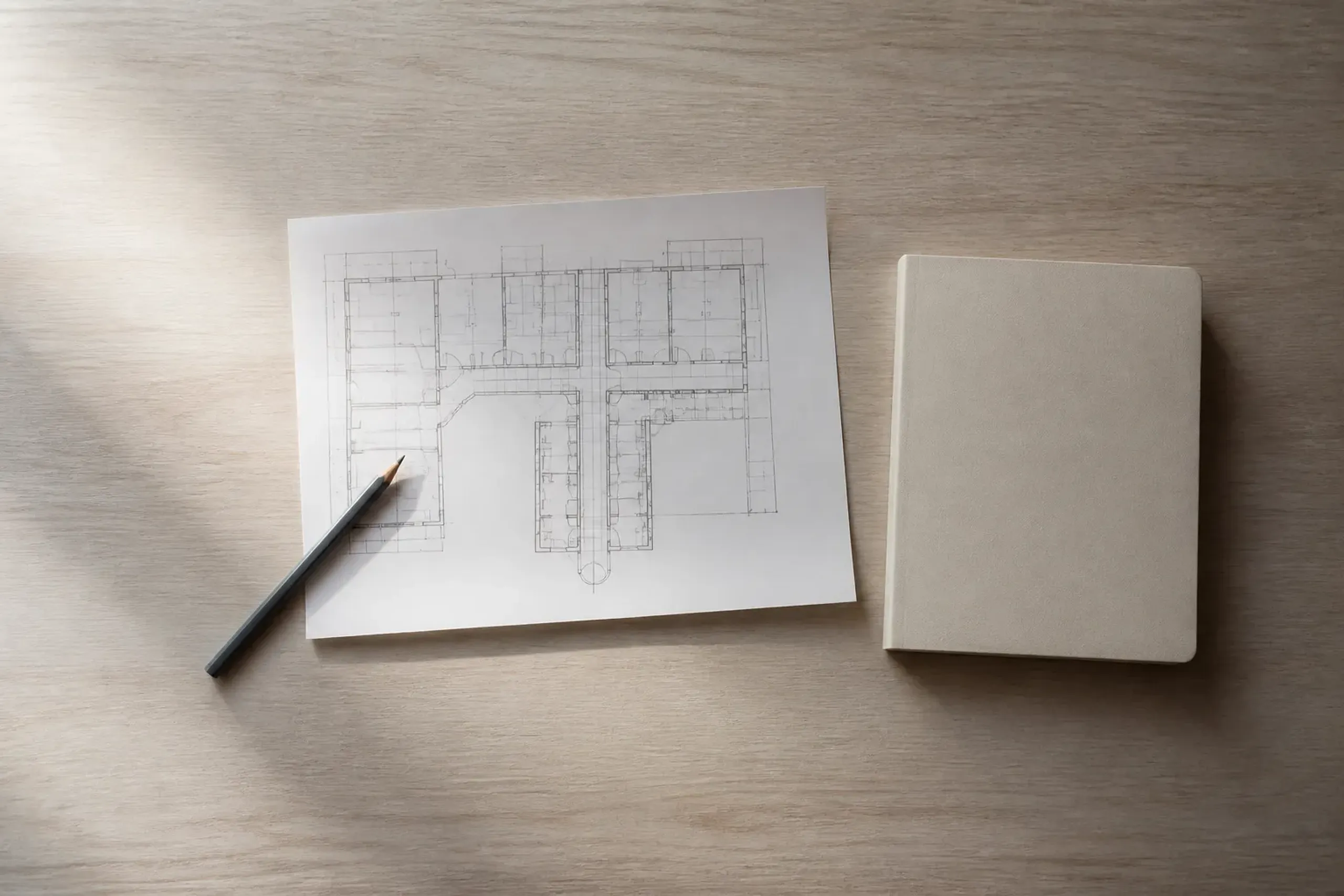 Overhead view of a floor plan and notebook used to evaluate hotel circulation and privacy