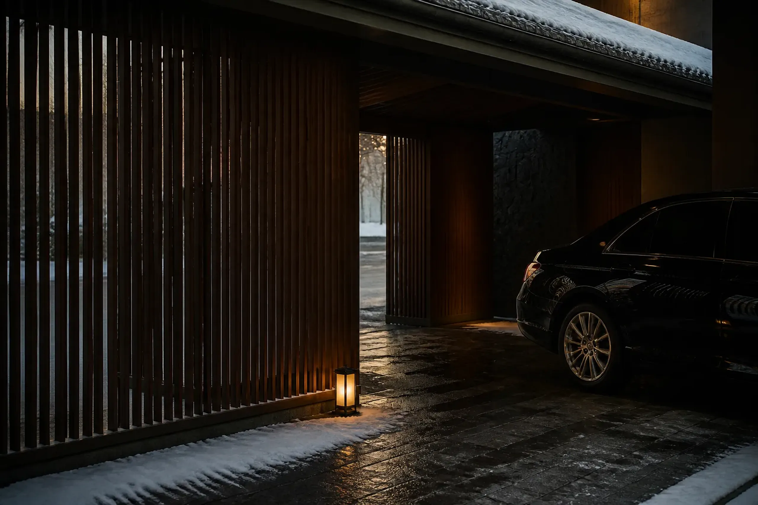 The discreet, moss-toned porte-cochère of a luxury Japanese ryokan, showing a vehicle approach shielded from public sidewalk sightlines by timber screens and low subdued lighting