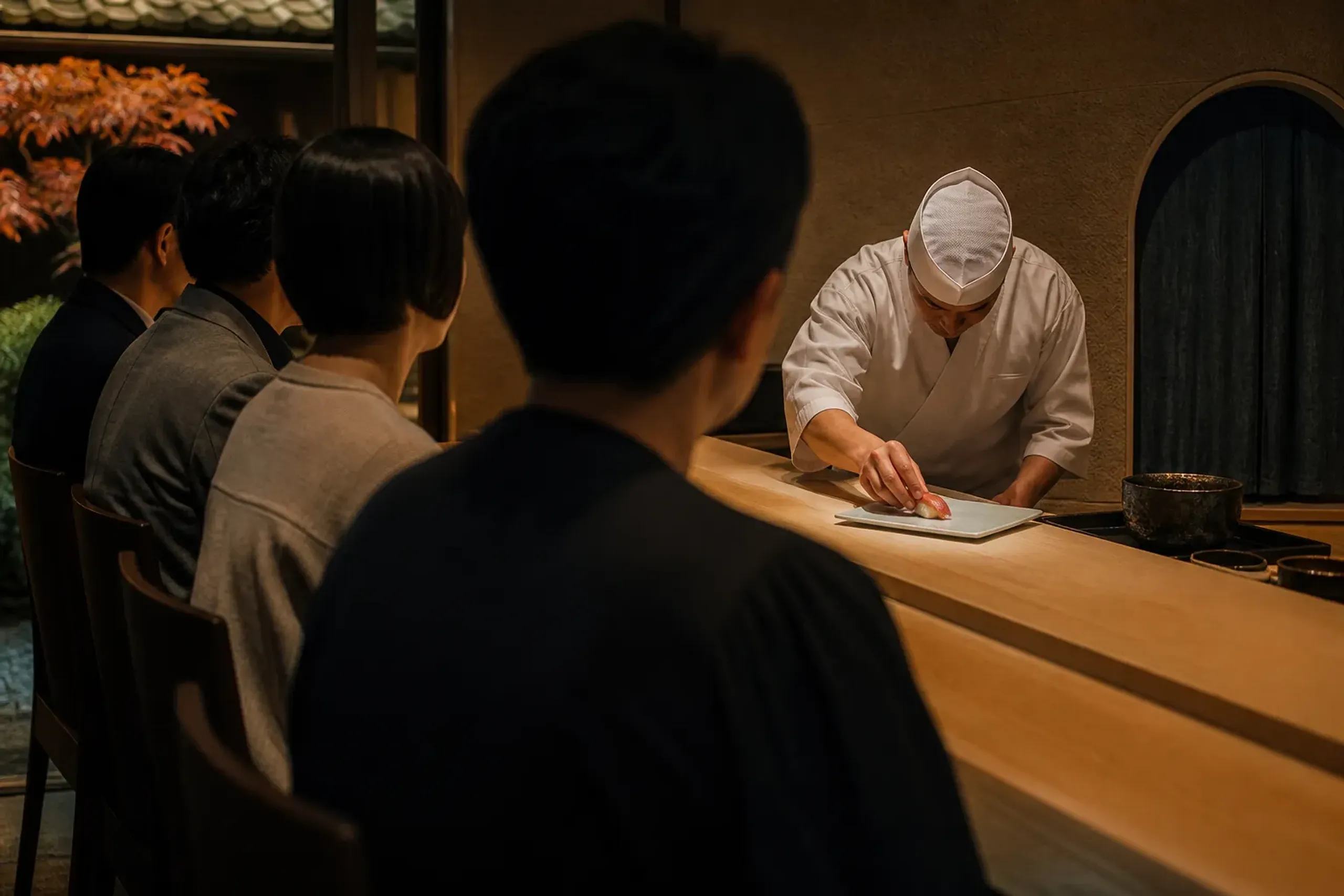 Sushi chef serving nigiri at a small counter while guests watch respectfully without phones