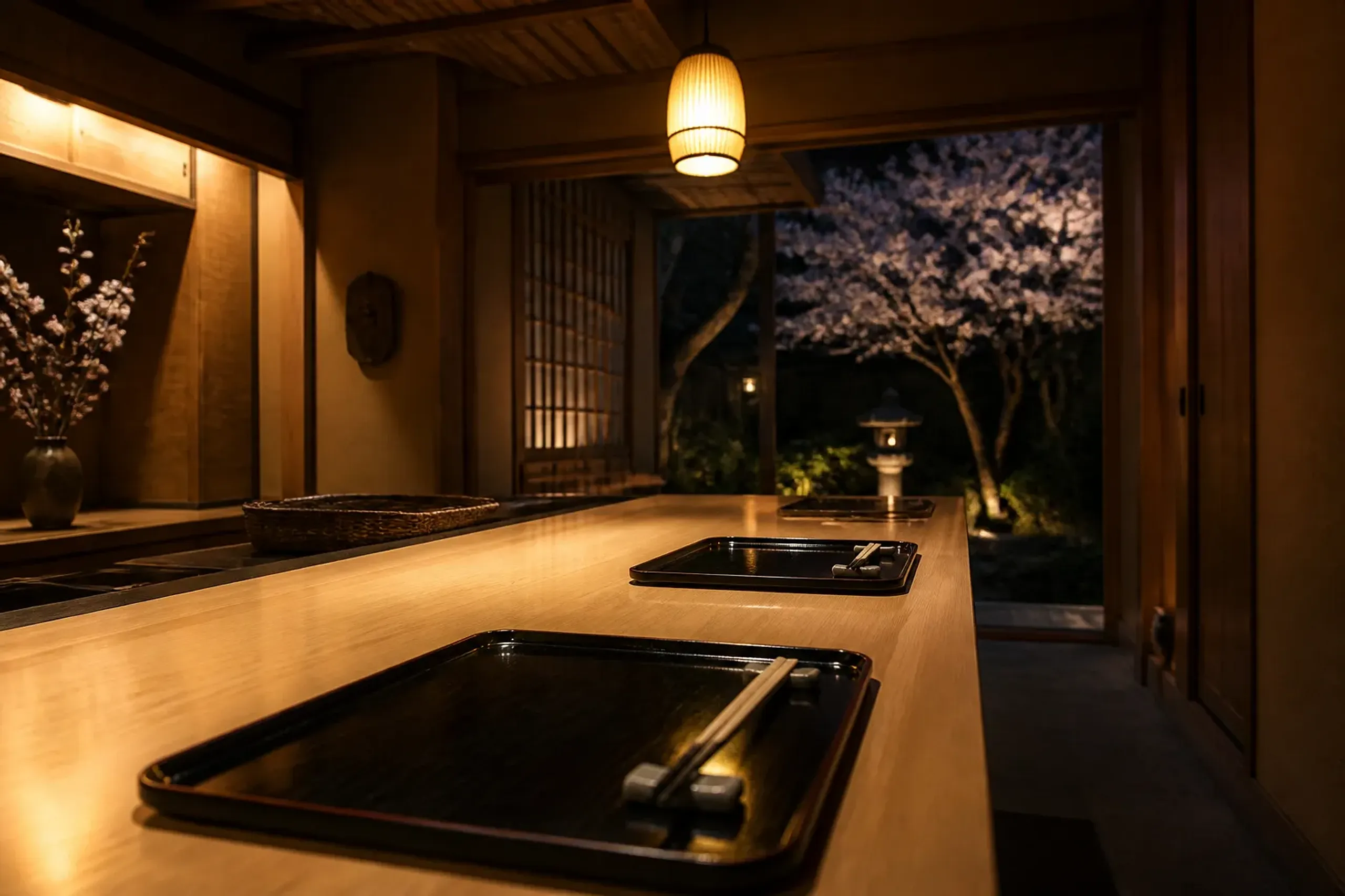 an intimate eight-seat hinoki-wood counter in a Kyoto shokunin restaurant, two place settings quietly prepared with lacquer trays and hashi rests, warm low lighting reflecting off the polished wood