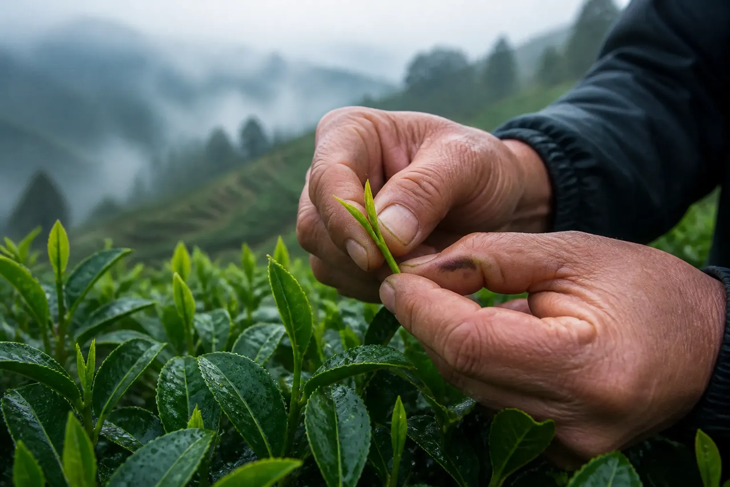 Hands hand-picking new-season green tea leaves in a terraced field in spring