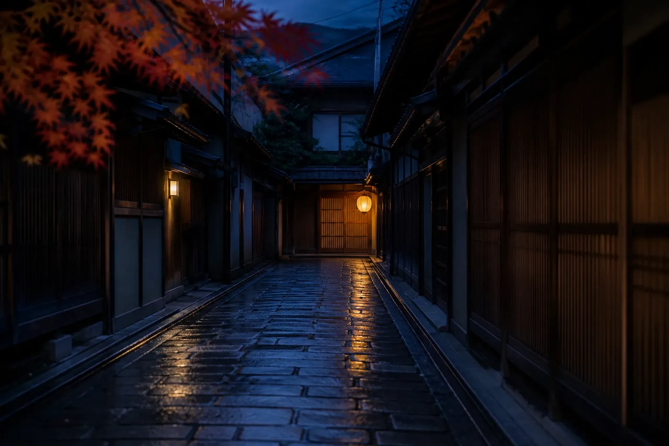 Quiet Kyoto teahouse lane with wooden lattice and a single lantern beside a closed door