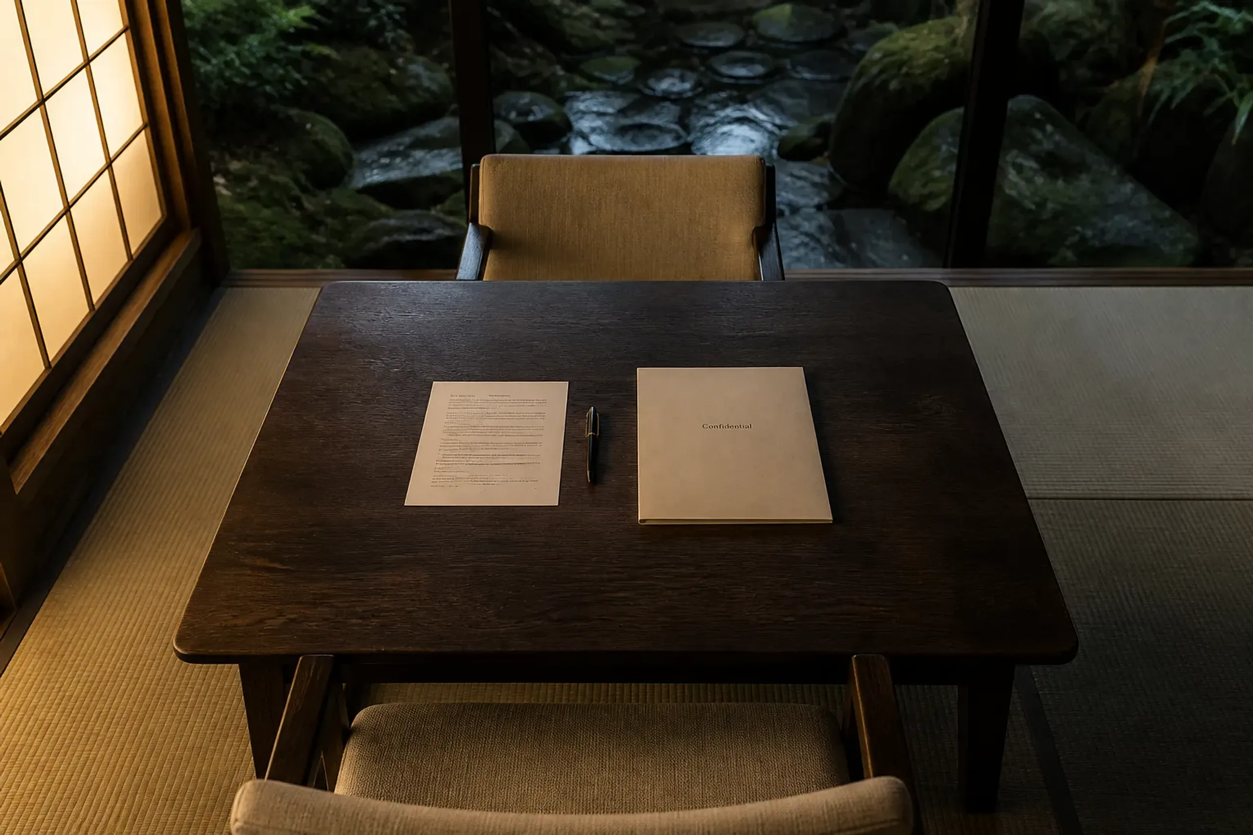 Confidential travel briefing materials on a low table in a quiet room