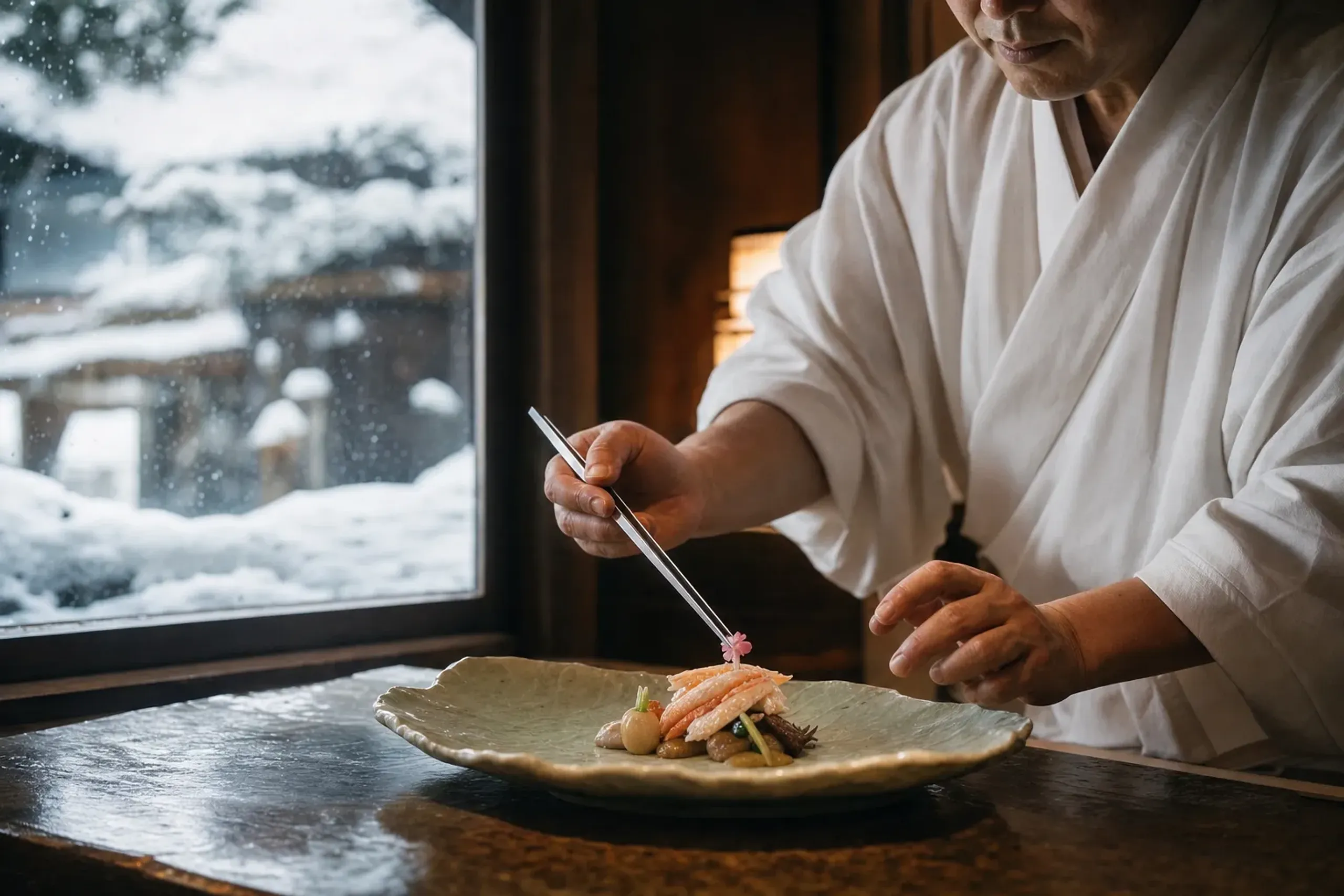Private chef plating a kaiseki-influenced Hokkaido crab dish inside a Niseko chalet kitchen