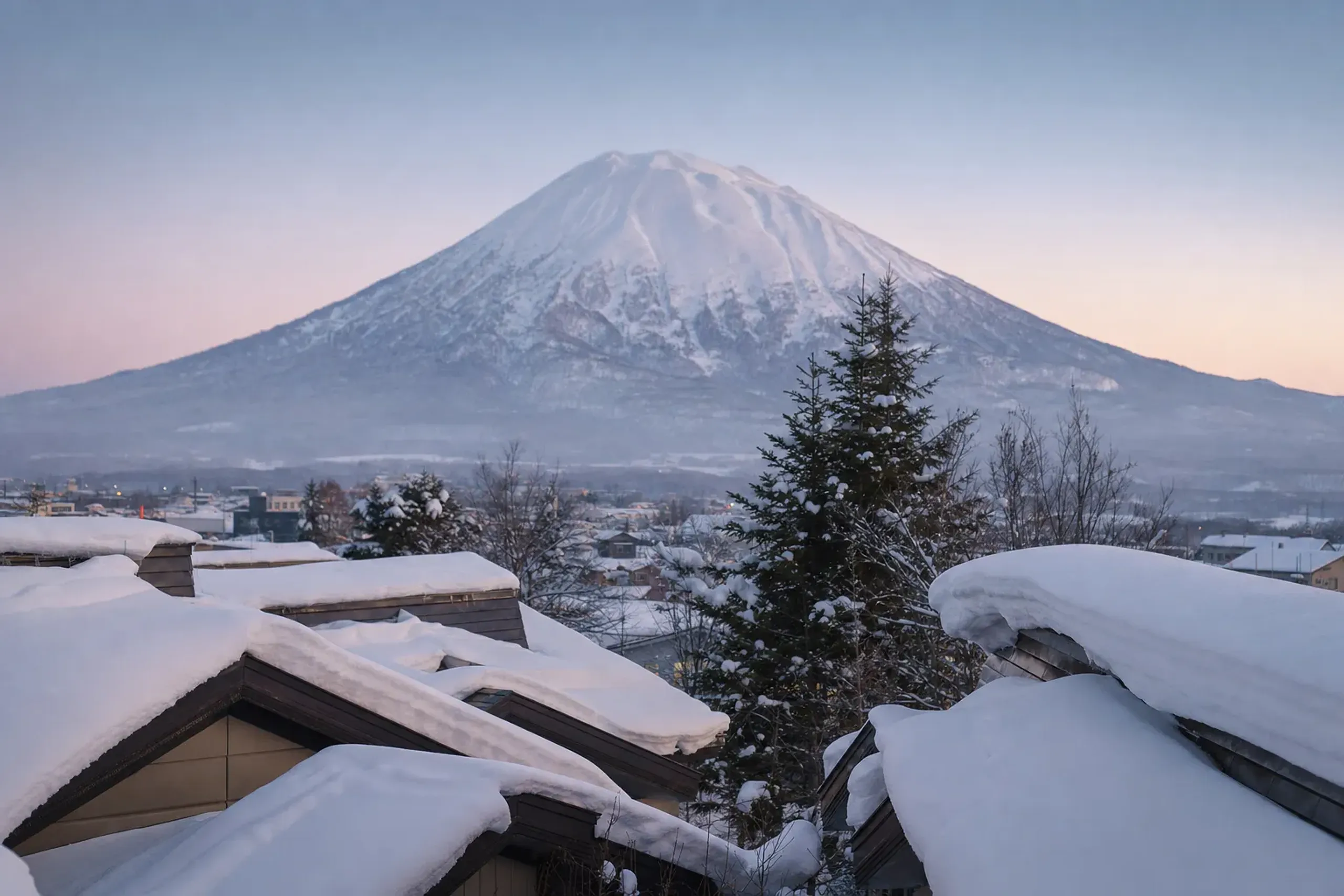 Snow-covered Niseko village with Mount Yotei volcano in the background during peak winter