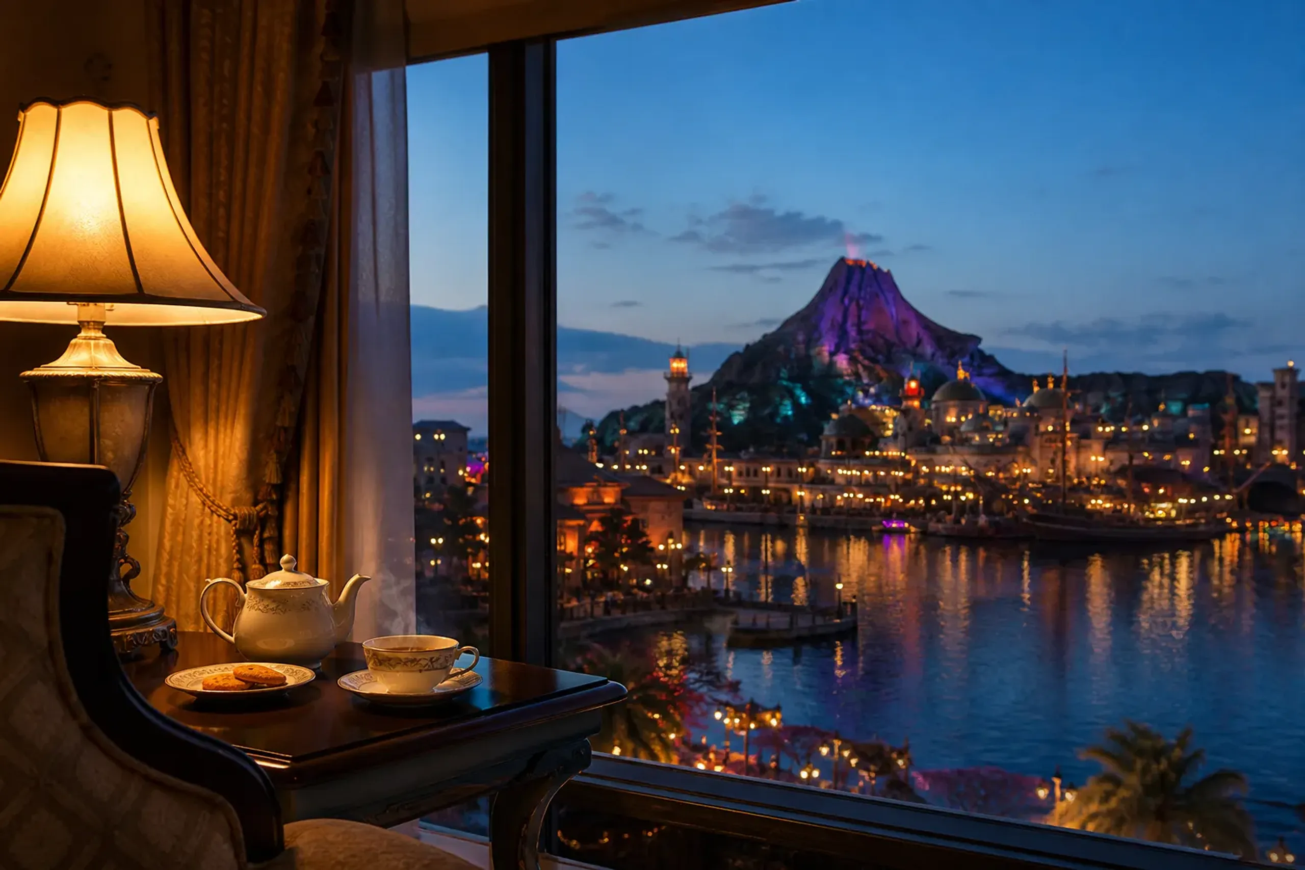 A hotel room with a large window overlooking a themed harbour at Tokyo DisneySea in the evening