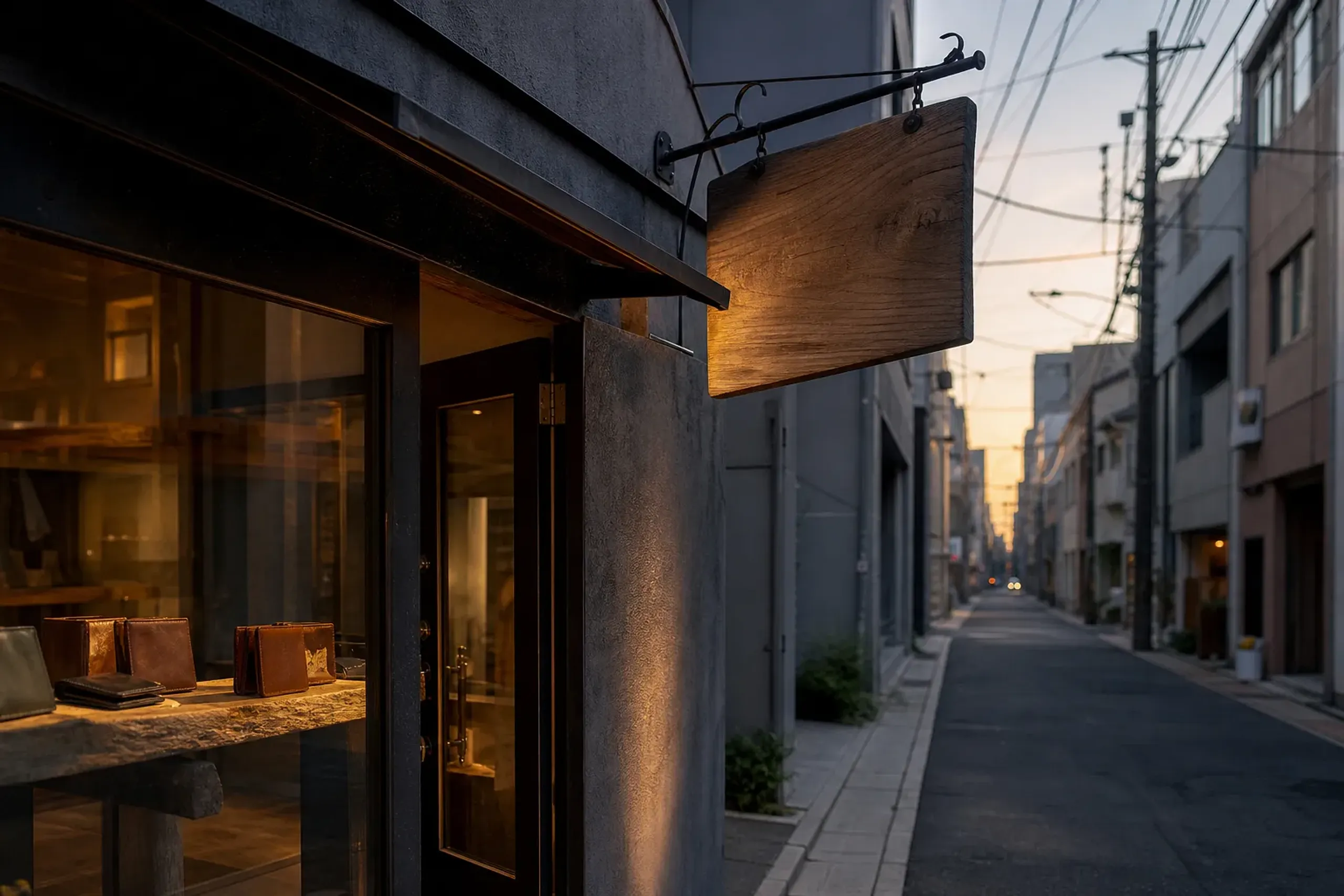 Quiet Kuramae street in Tokyo lined with small craft workshops and storefronts