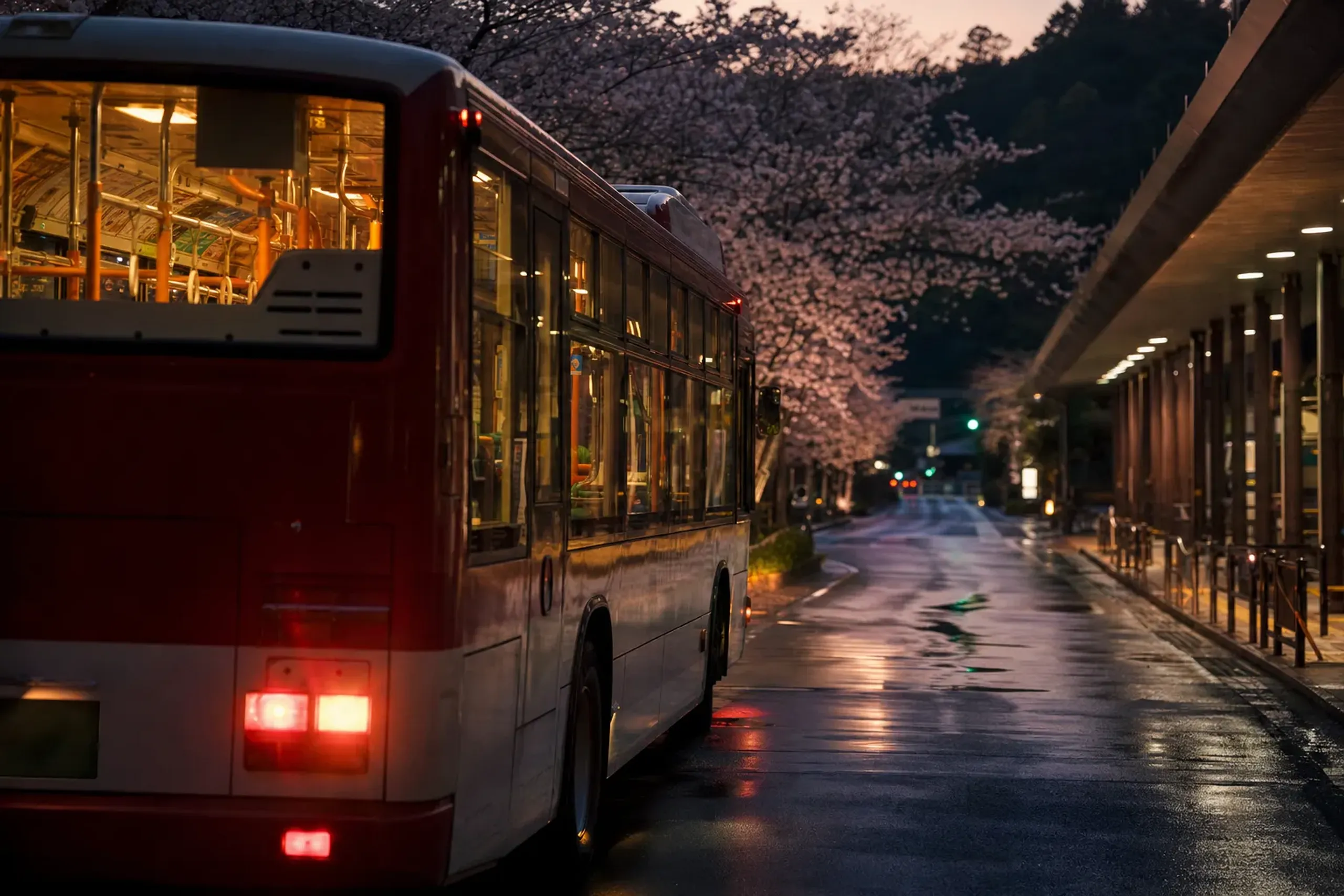 a city loop bus departing Kintetsu Nara Station on a humid summer evening, with the dark approach path toward the Todai-ji precinct