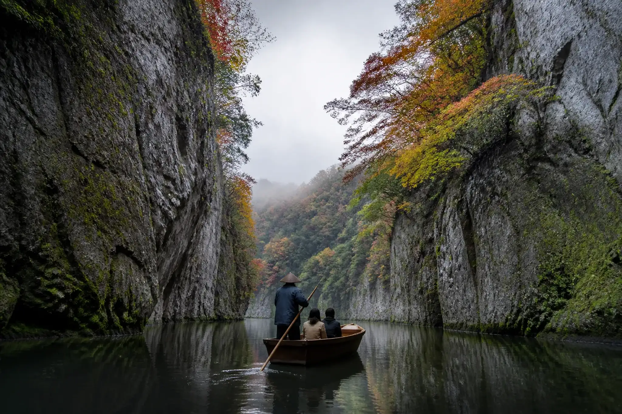 Boat being poled through Geibikei Gorge in Iwate beneath autumn leaves