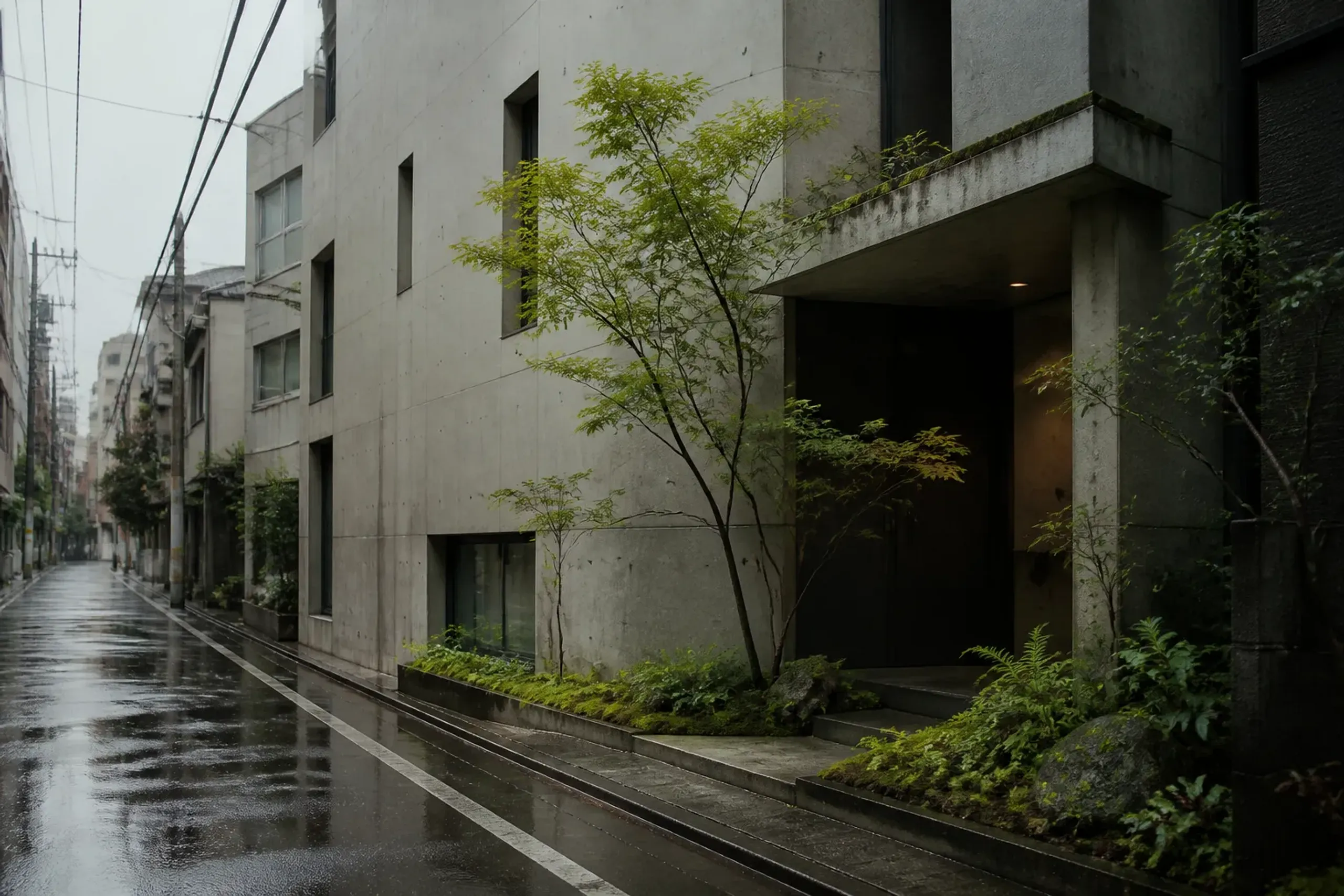 A slender contemporary Tokyo building on a narrow plot with recessed entrance and small planted setback
