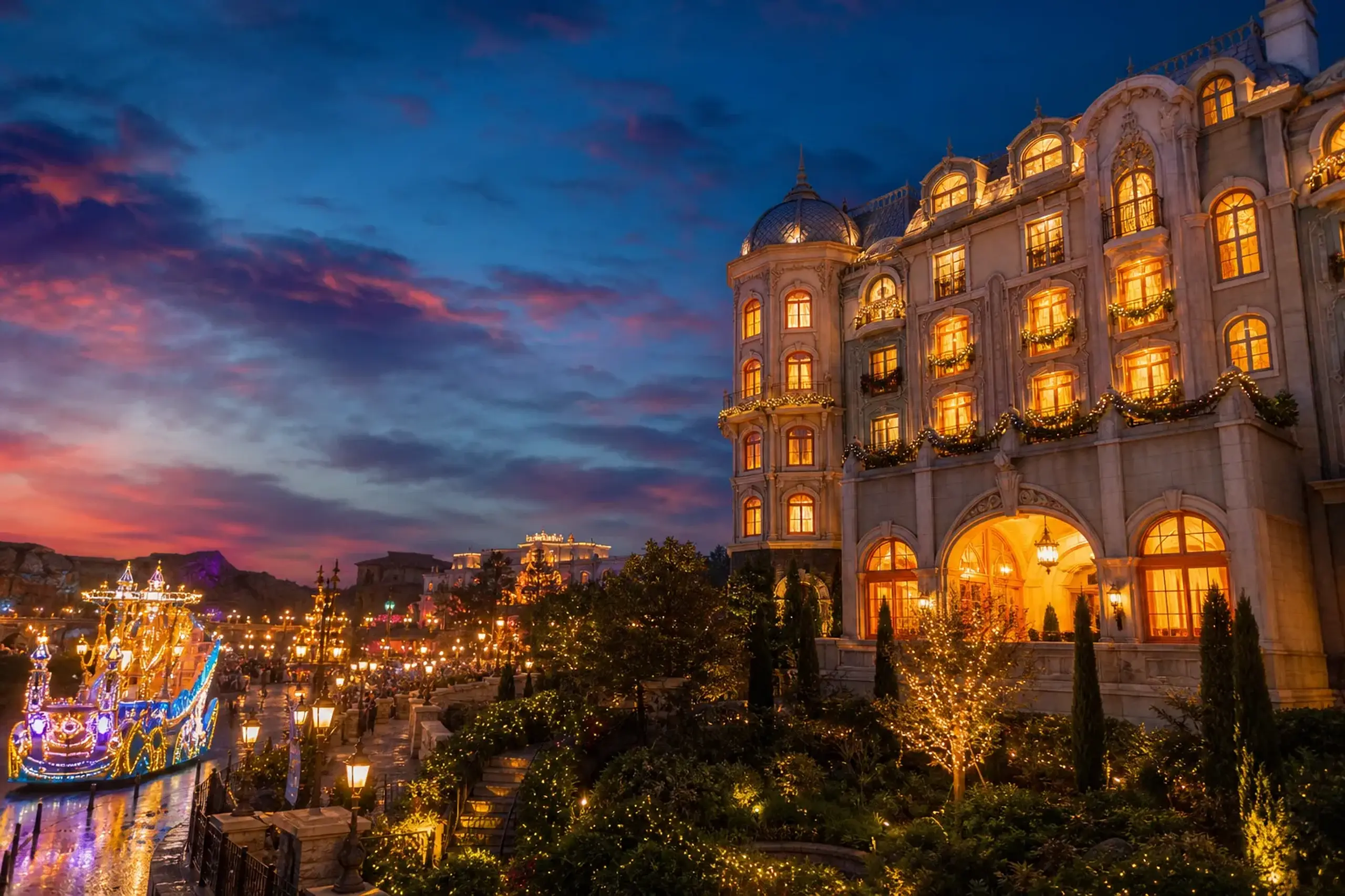 The illuminated Grand Chateau suite exterior of Tokyo DisneySea Fantasy Springs Hotel at dusk during the Christmas season