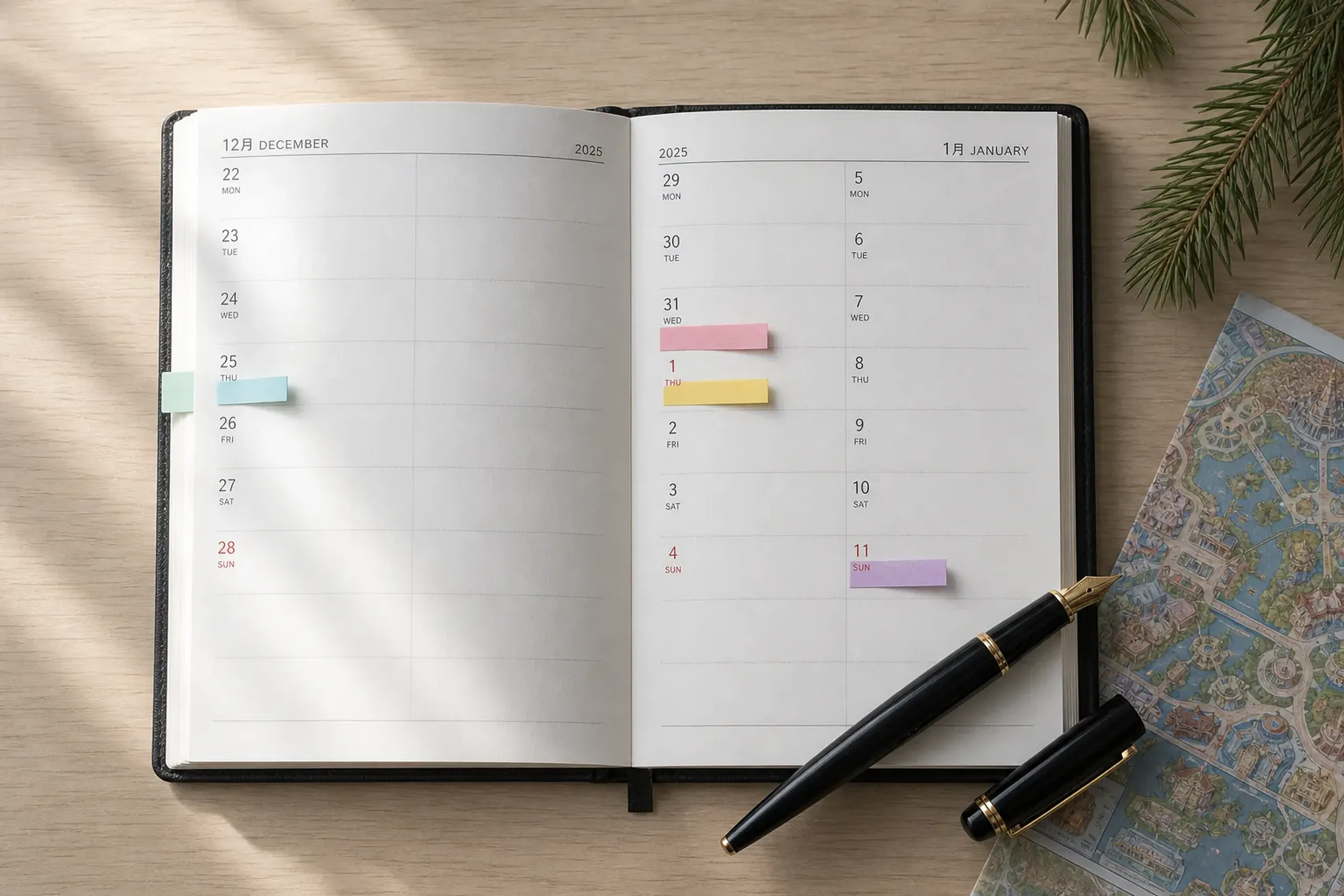 Paper planner with late December and early January dates marked for Christmas end, Dec 31, and the New Year event window