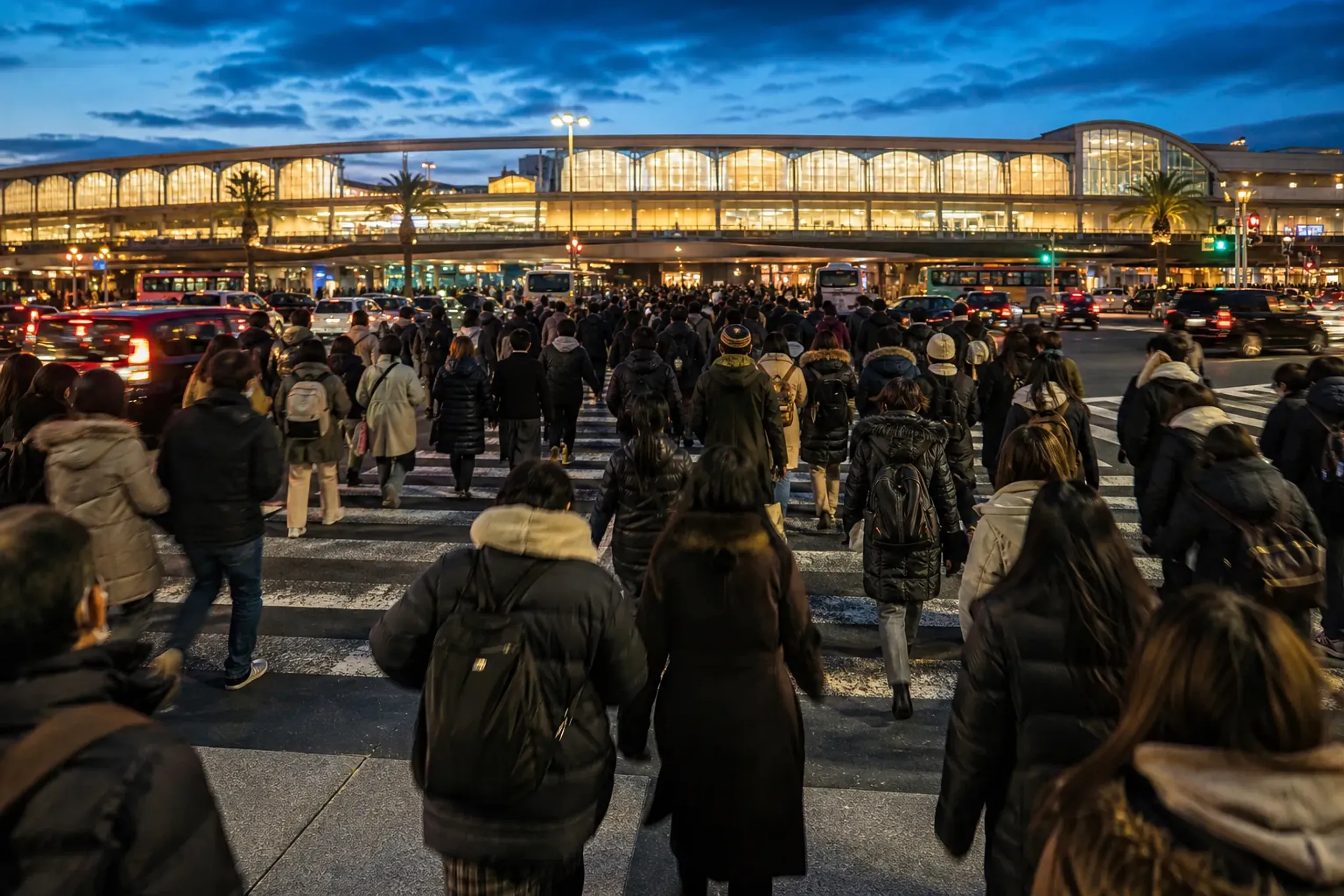 Crowds walking near Maihama Station during the winter holiday period in Tokyo