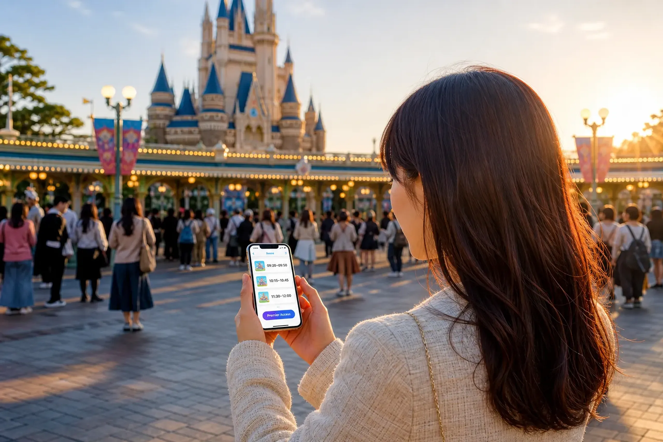 Guest using the Tokyo Disney Resort App to purchase Disney Premier Access at the park entrance