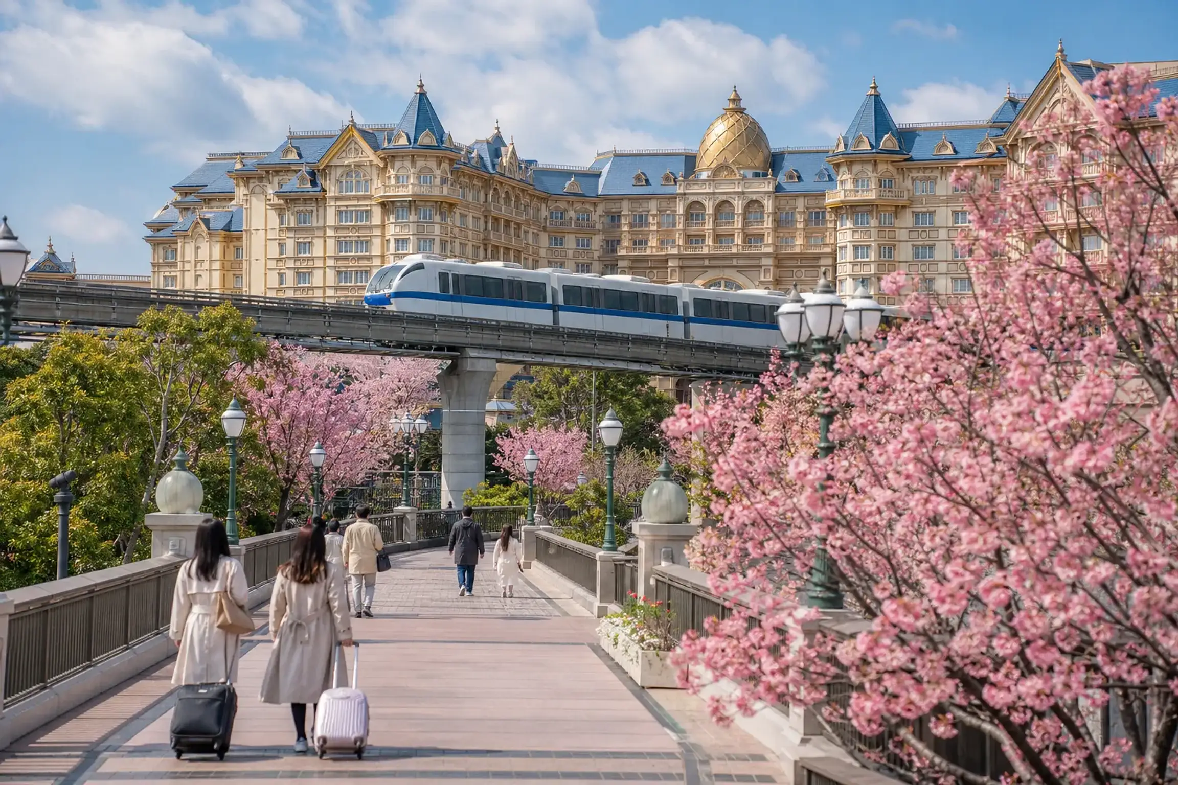 Wide view of the Tokyo Disney Resort area in Maihama with hotel buildings in the distance