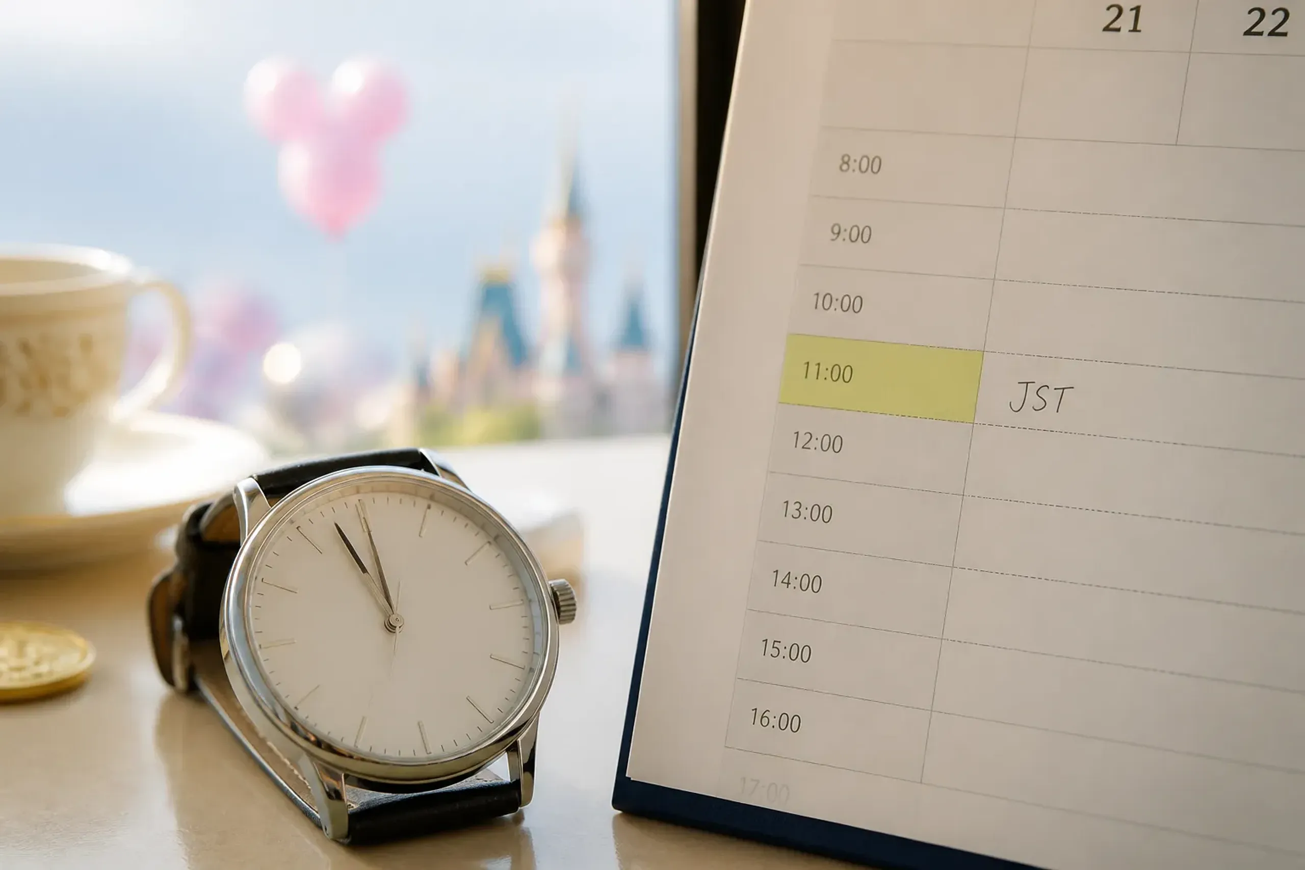 Watch and calendar highlighting 11:00 JST for a booking reminder