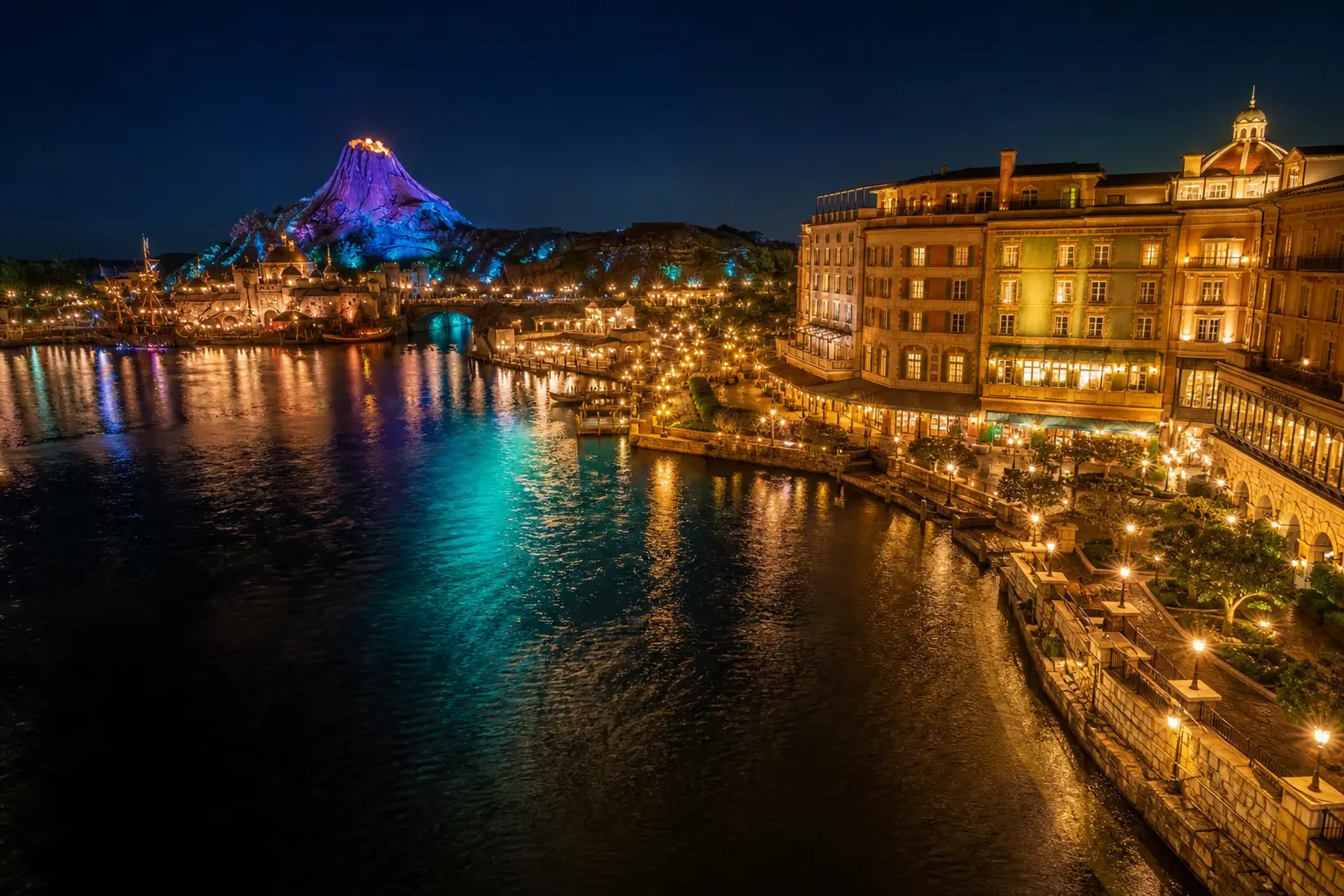 Nighttime view from a high Tokyo DisneySea Hotel MiraCosta window overlooking Mediterranean Harbor at Porto Paradiso—reflections of park lighting moving across the water with the hotel façade facing t