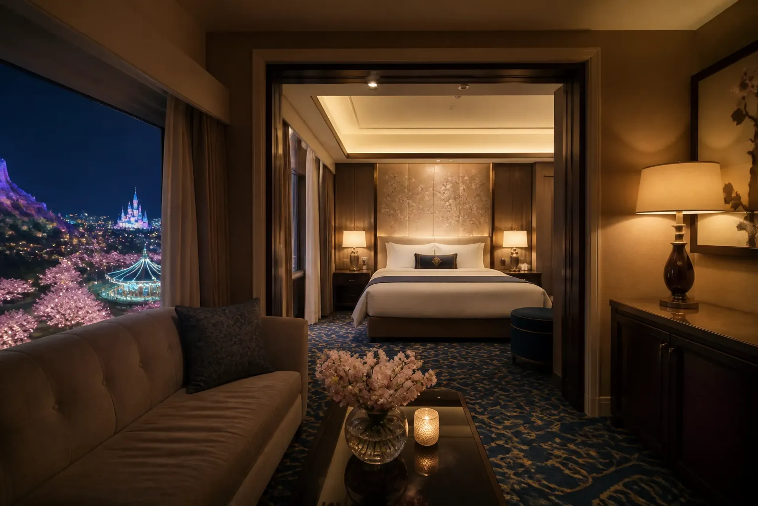 Tokyo DisneySea Fantasy Springs Hotel Grand Chateau guest room interior showing the suite-style layout explicitly: the living room separated from the bedroom, with the door/partition between spaces vi