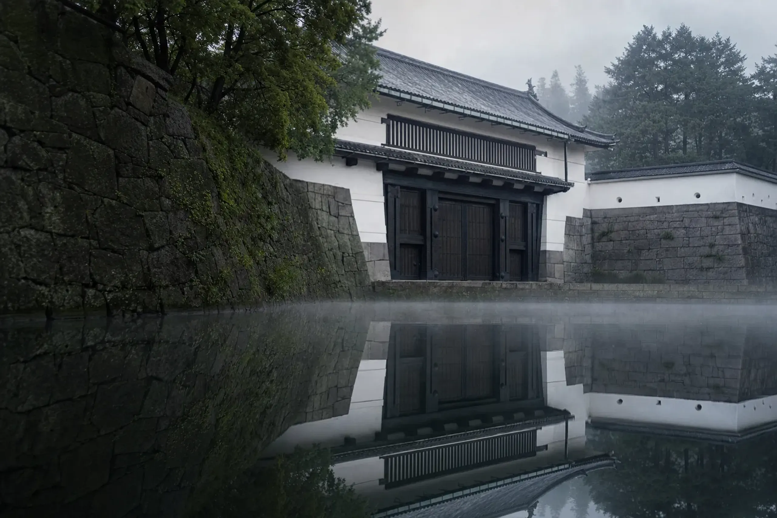 The Ōtemon main gate of Edo Castle, its massive timber-and-plaster structure closed and quiet, viewed from outside the moat with reflections on the water
