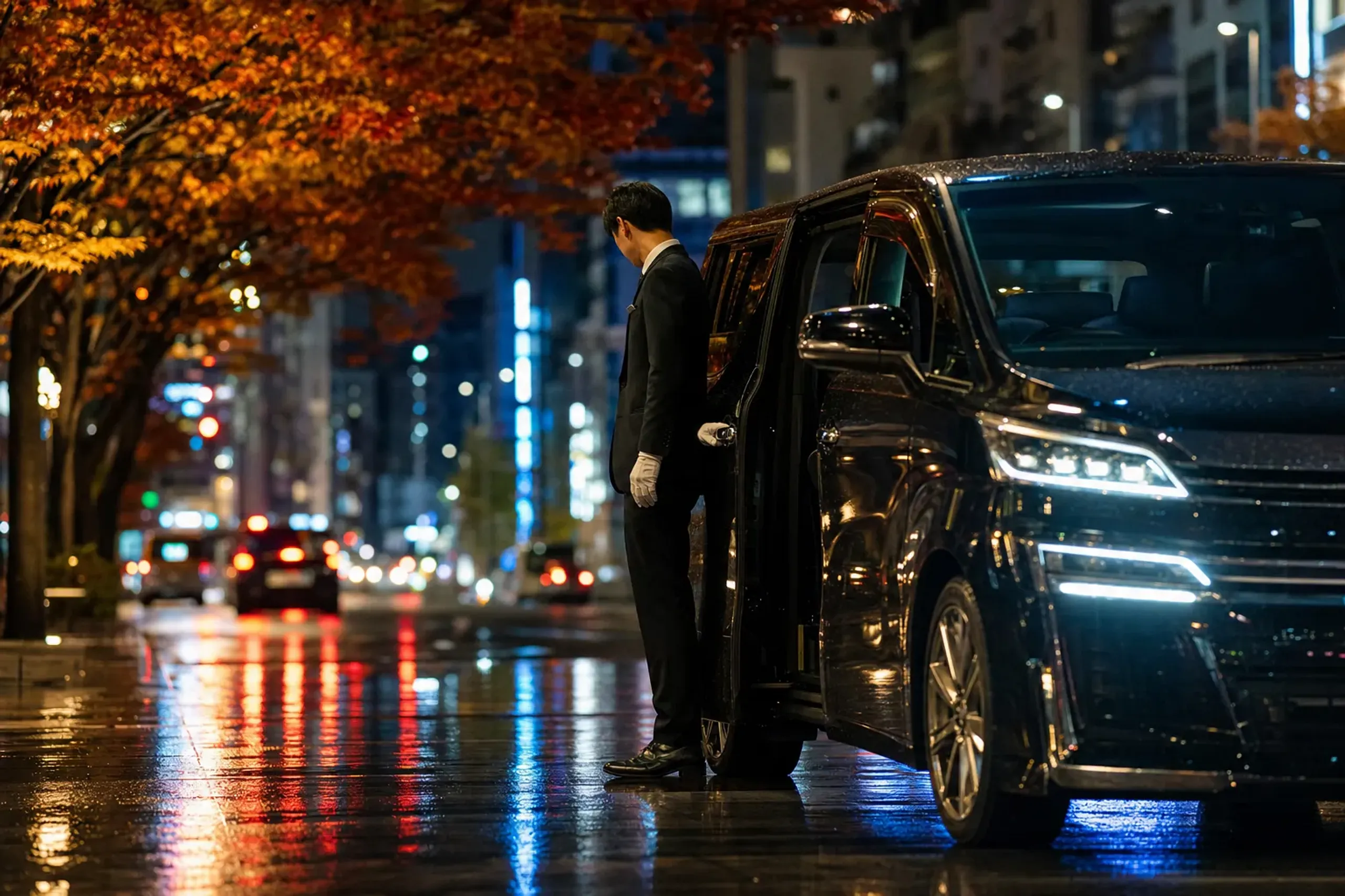 Chauffeured black executive minivan waiting at a Tokyo curb at night
