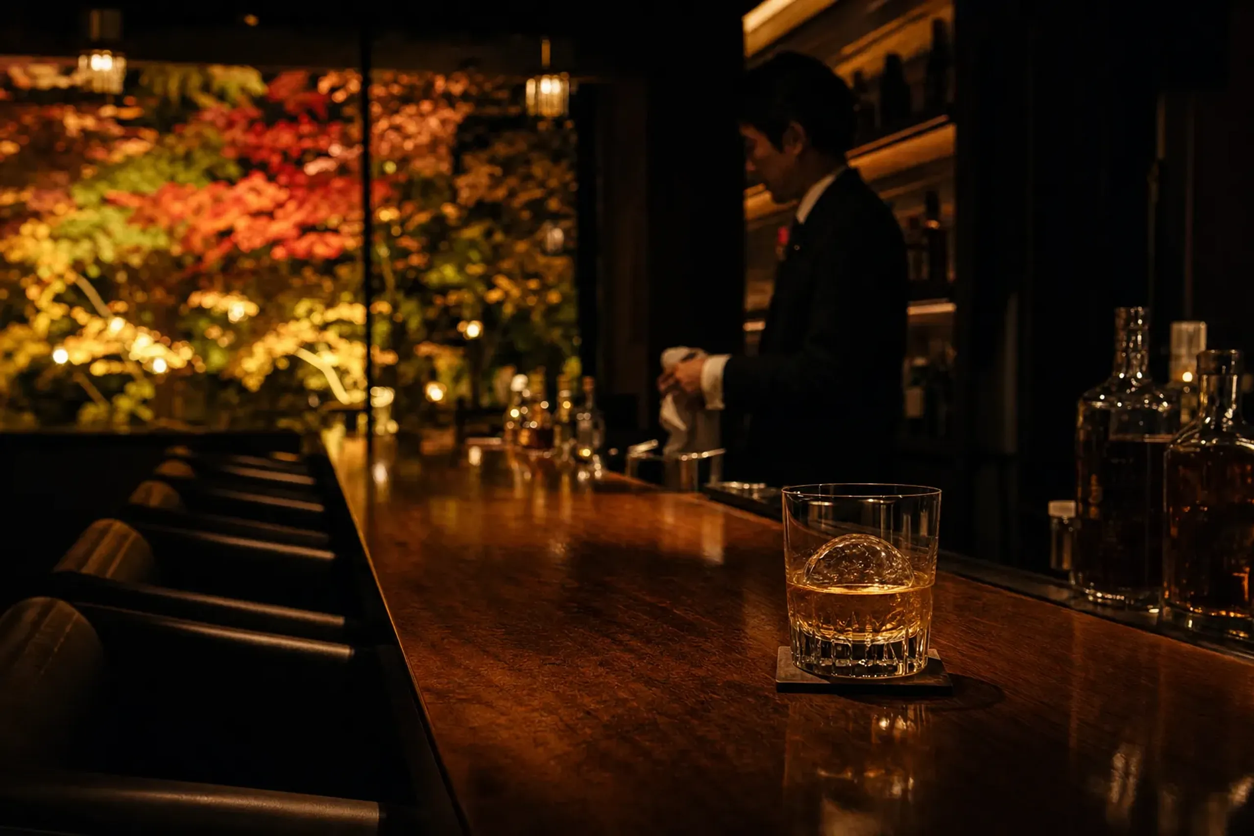 a small ten-seat Tokyo counter bar with a single bartender, a dozen empty stools, and a low glass of whisky over hand-cut ice at night