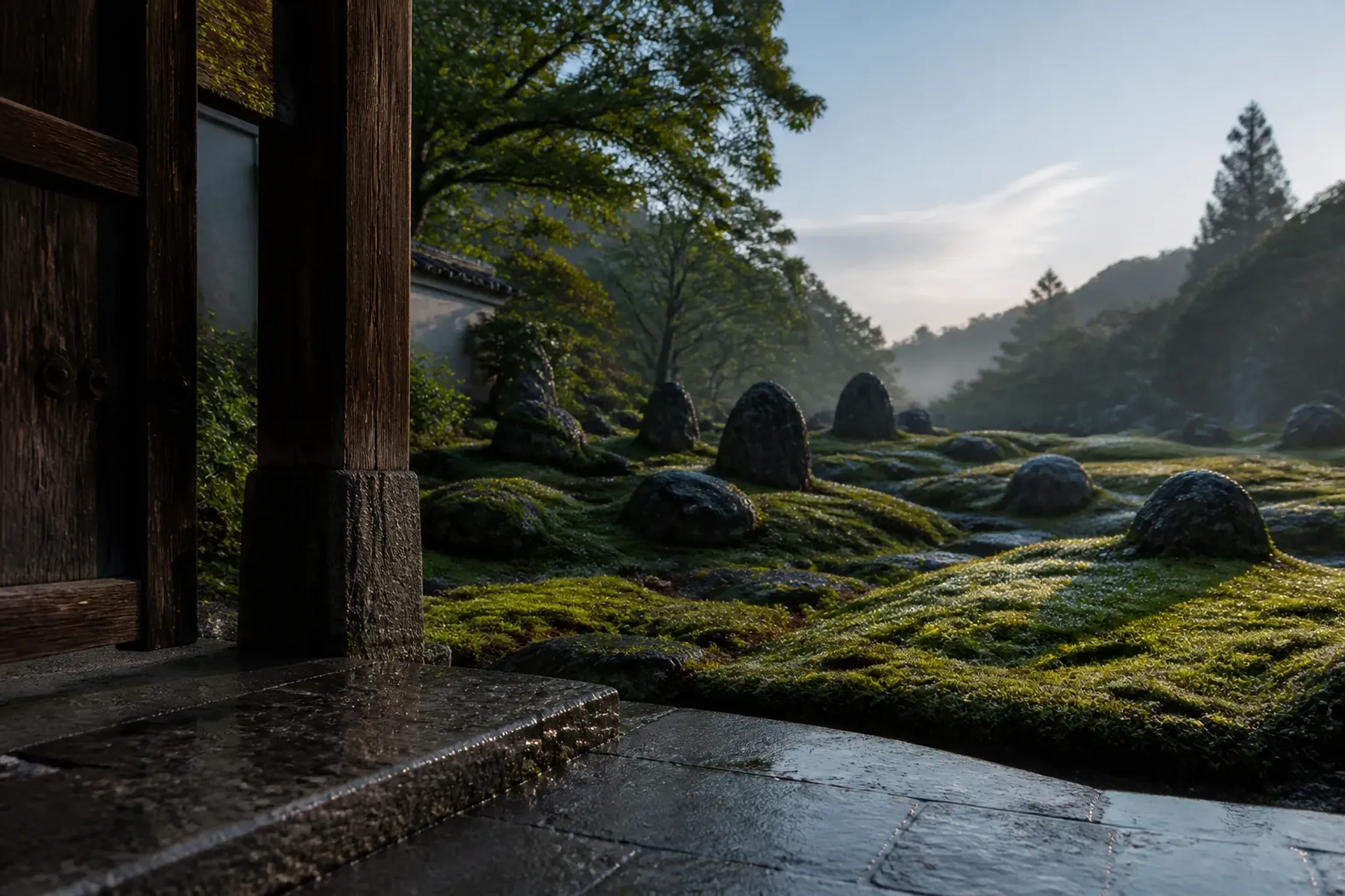 Moss-covered stone garden and wooden temple gate in eastern Kyoto at first light