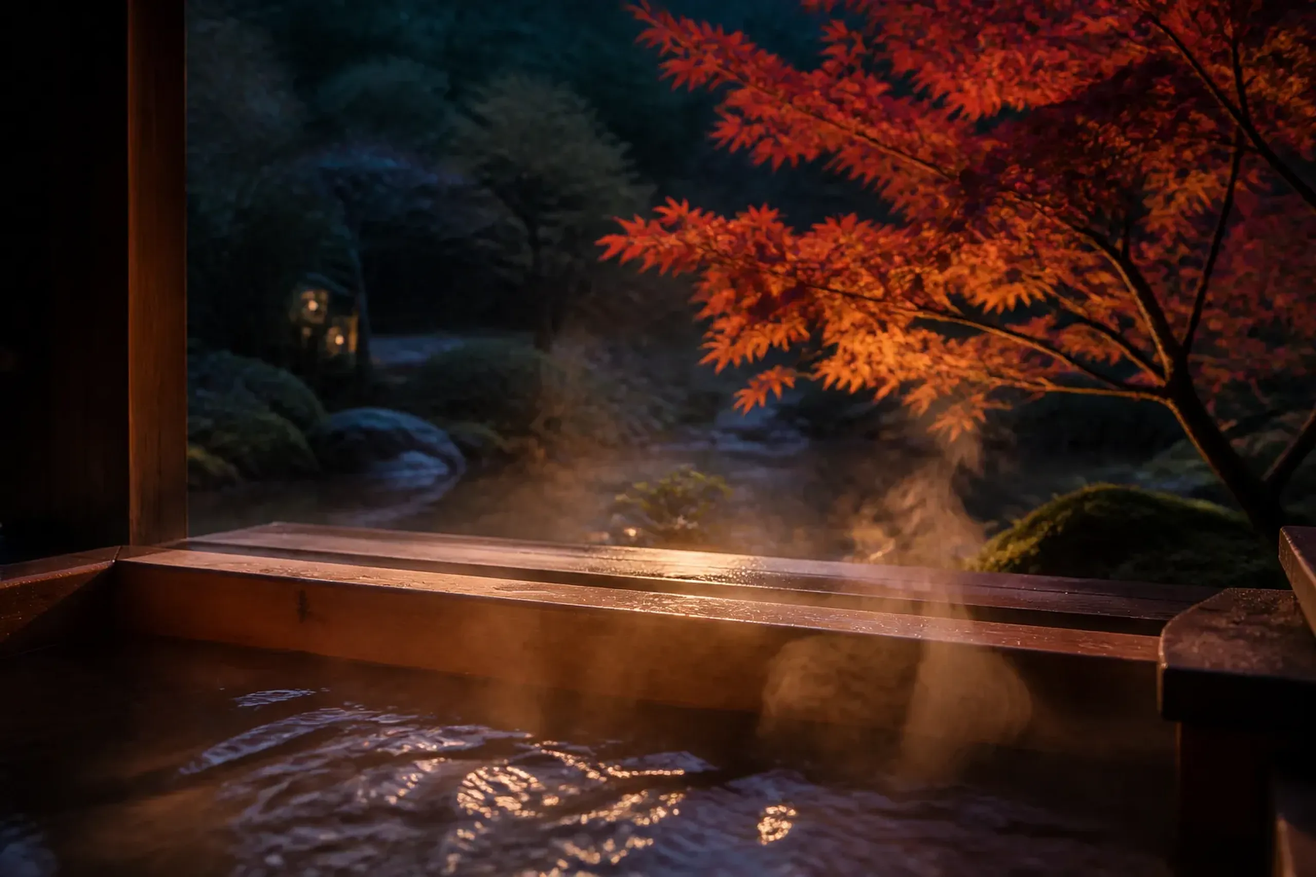 Private open-air cedar onsen bath at a ryokan overlooking an autumn garden