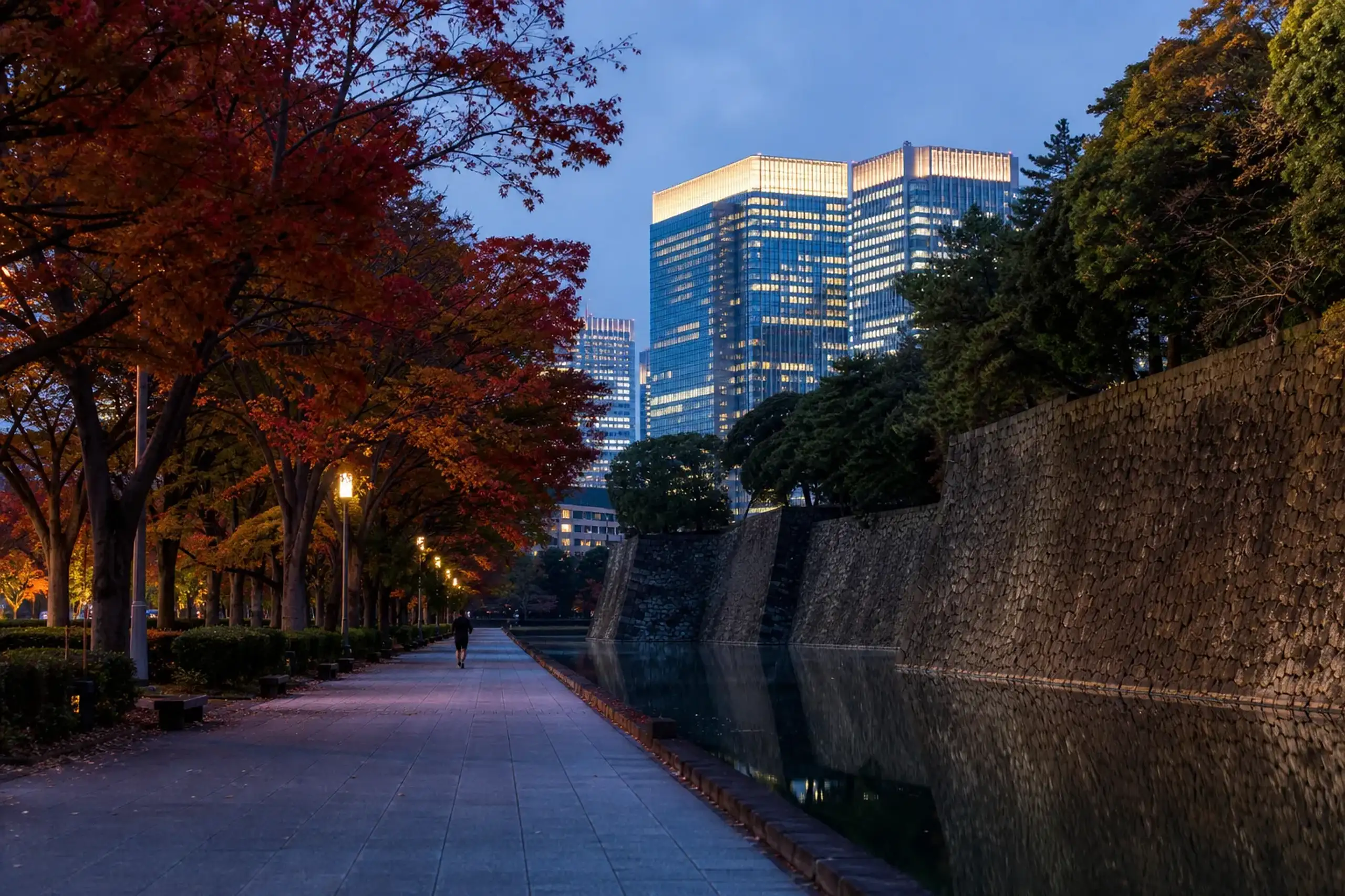 Quiet early-morning path along the Imperial Palace moat with Marunouchi towers behind