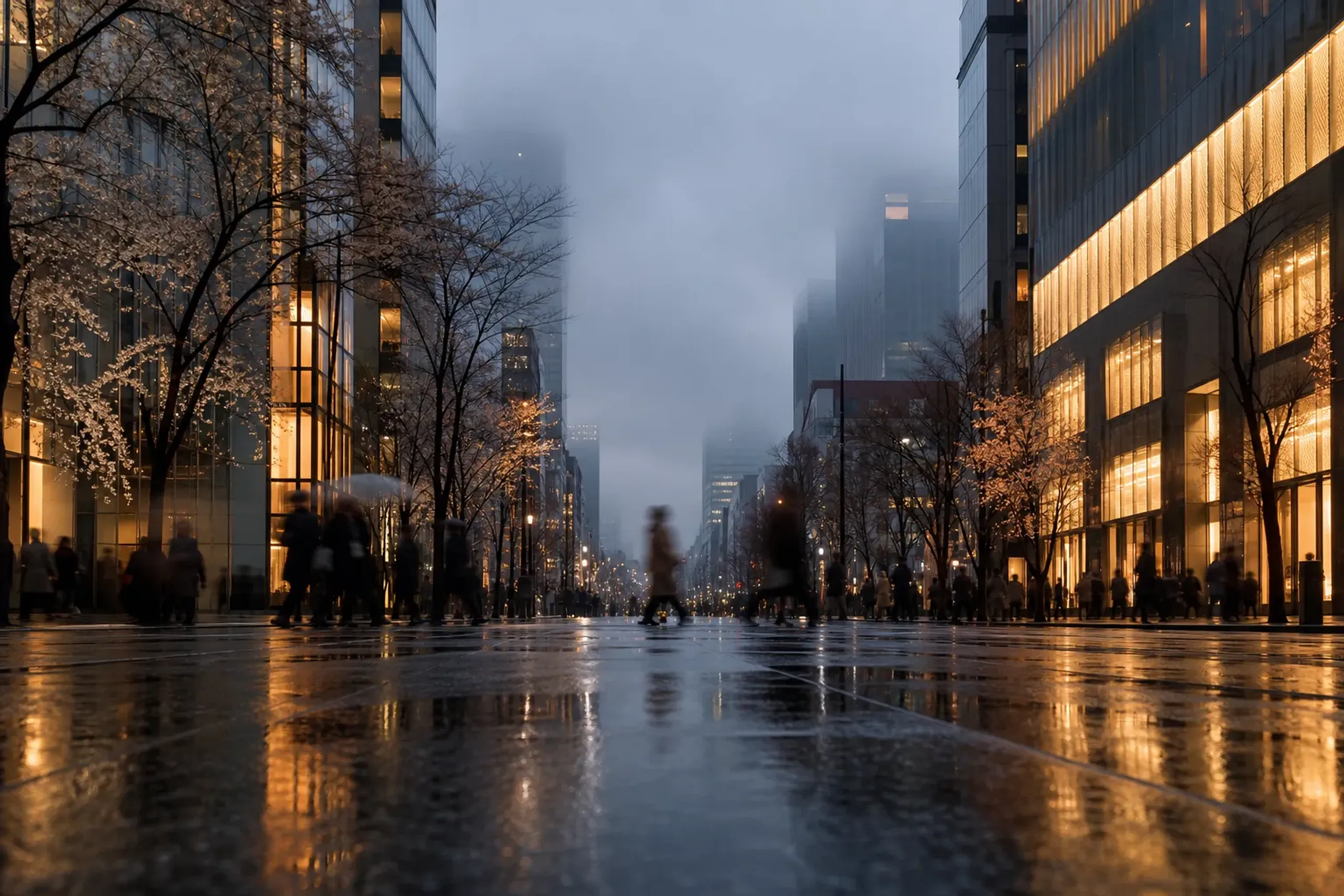 Illuminated Ginza avenue at night lined with flagship storefronts and evening crowds