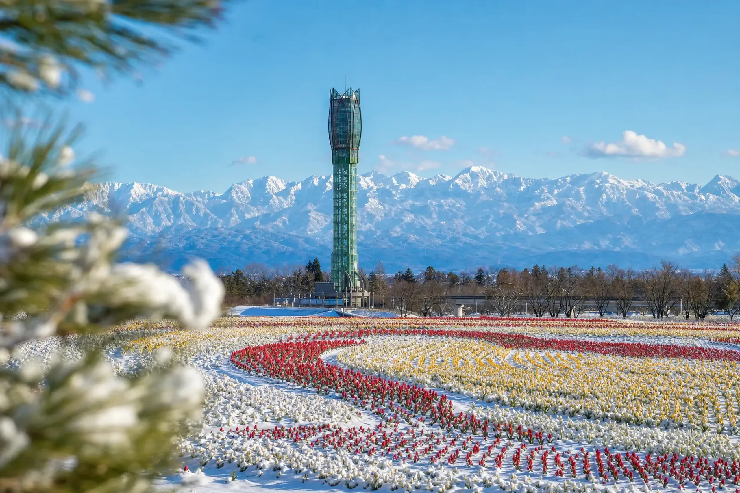 The Tulip Tower rising above Tonami Tulip Park's ground-painting flowerbed, with the snow-capped Tateyama mountain range visible in the distance
