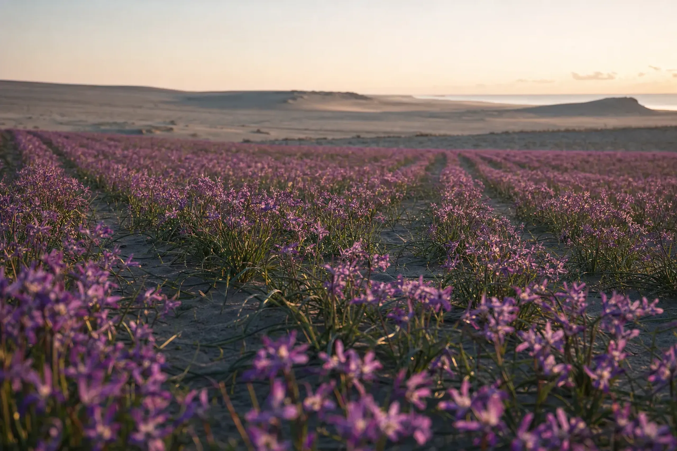 110 hectares of cultivated Tottori dune fields covered in a reddish-purple haze of blooming rakkyo flowers in late autumn