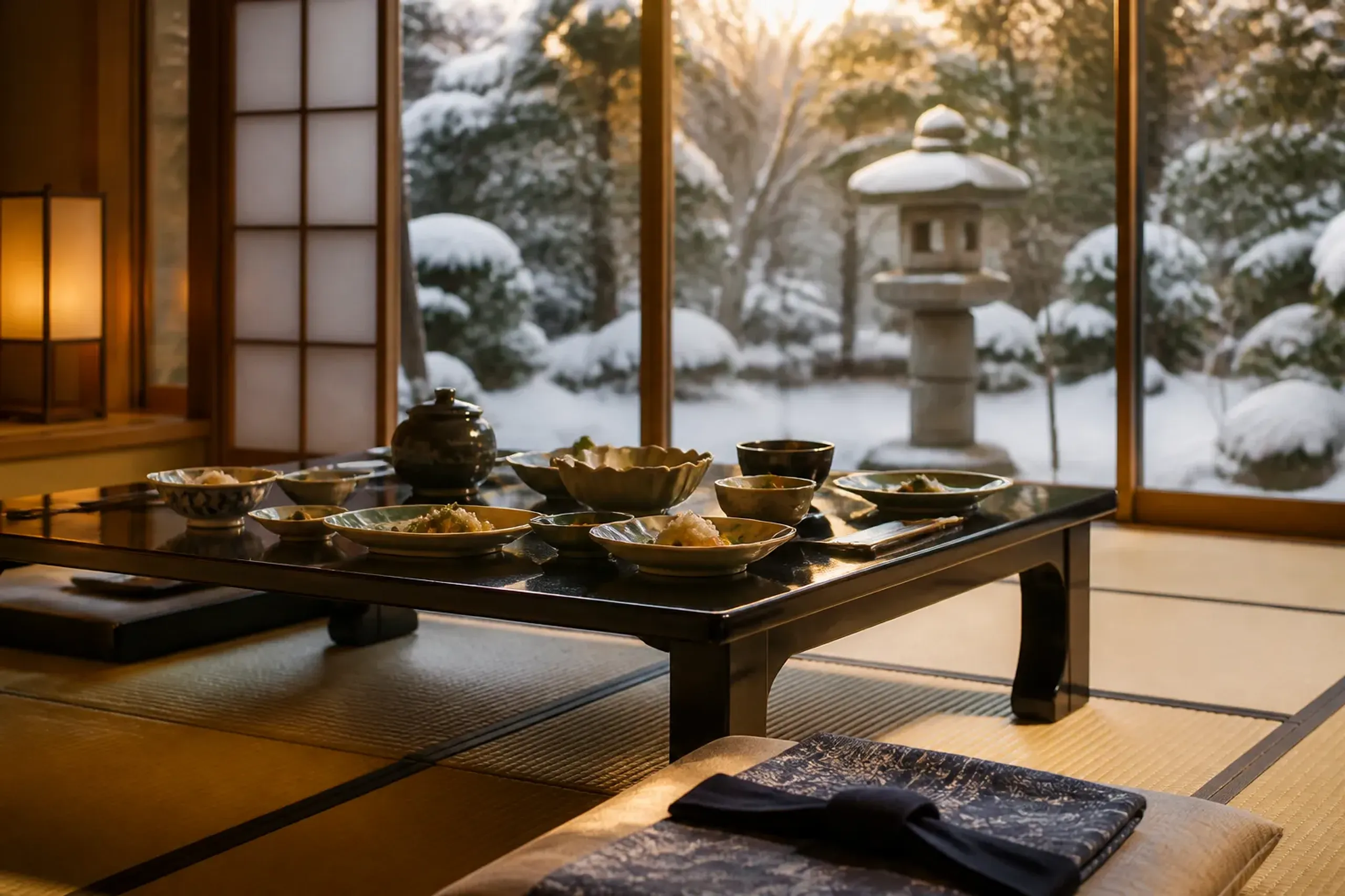 Multi-course kaiseki dinner arranged on a low table in a traditional tatami ryokan room in the evening