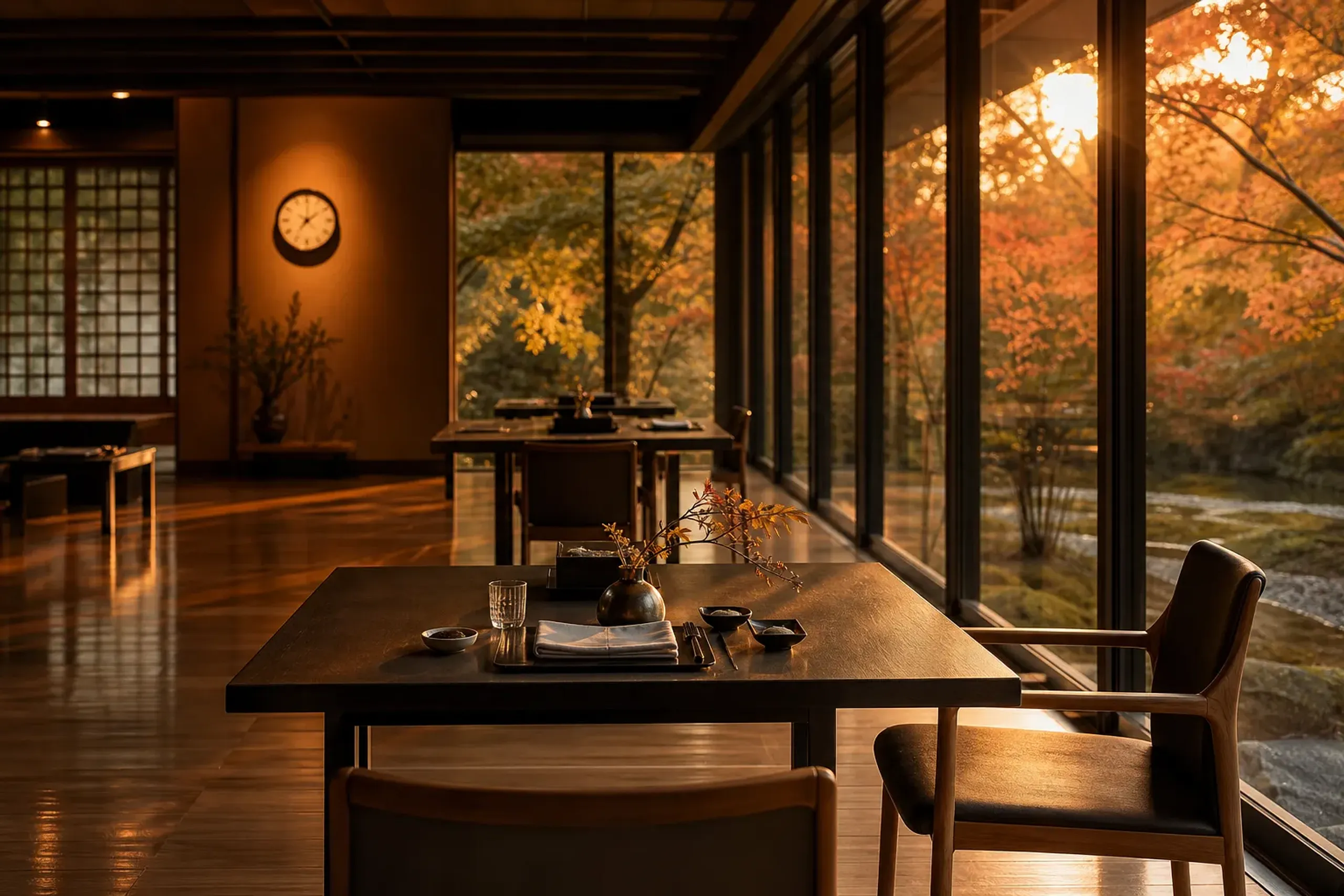 A modern ryokan restaurant with individual tables and windows overlooking an autumn landscape