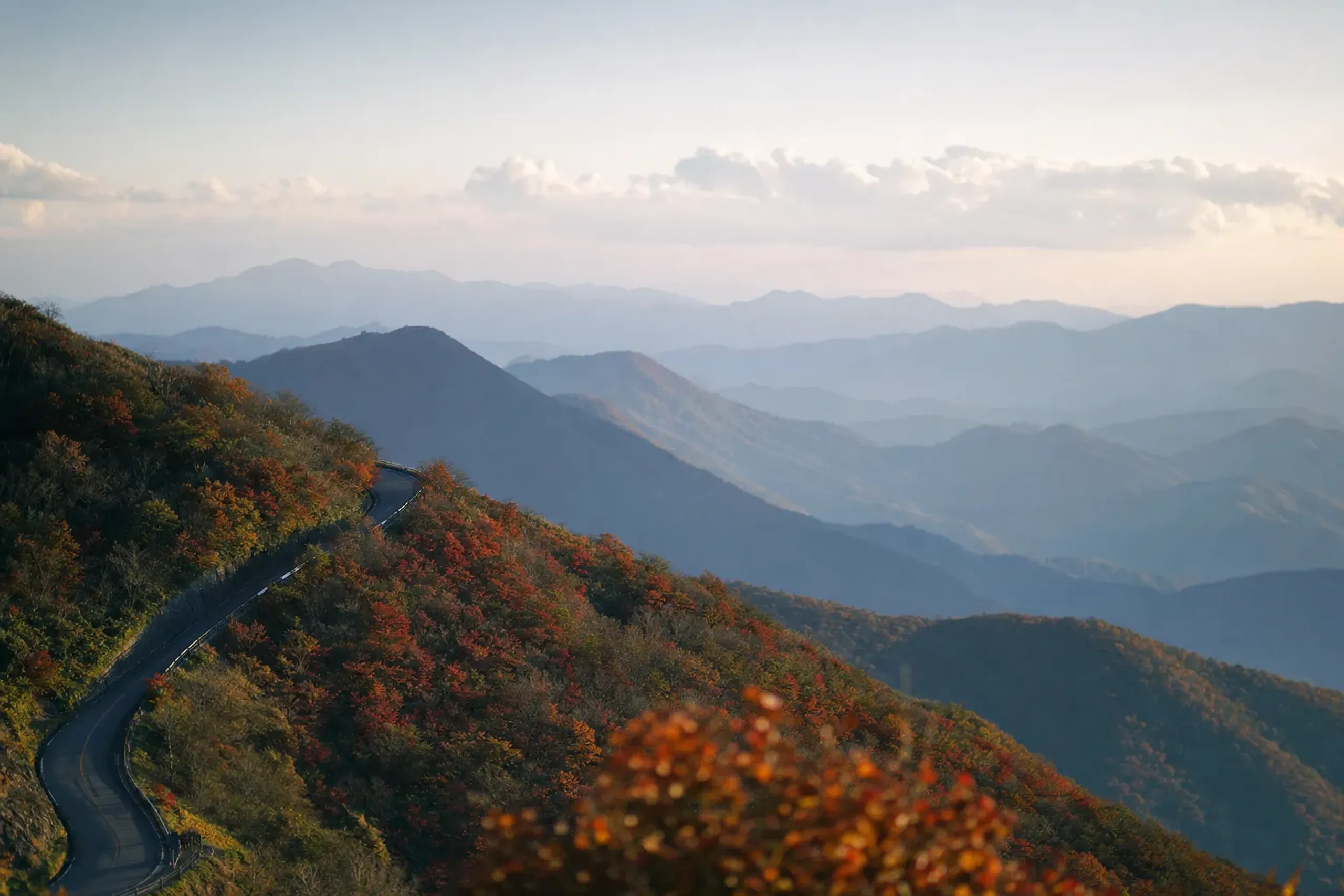 the high red-maple ridgelines of the Hachimantai Aspite Line descending into color-lingering valleys in Iwate