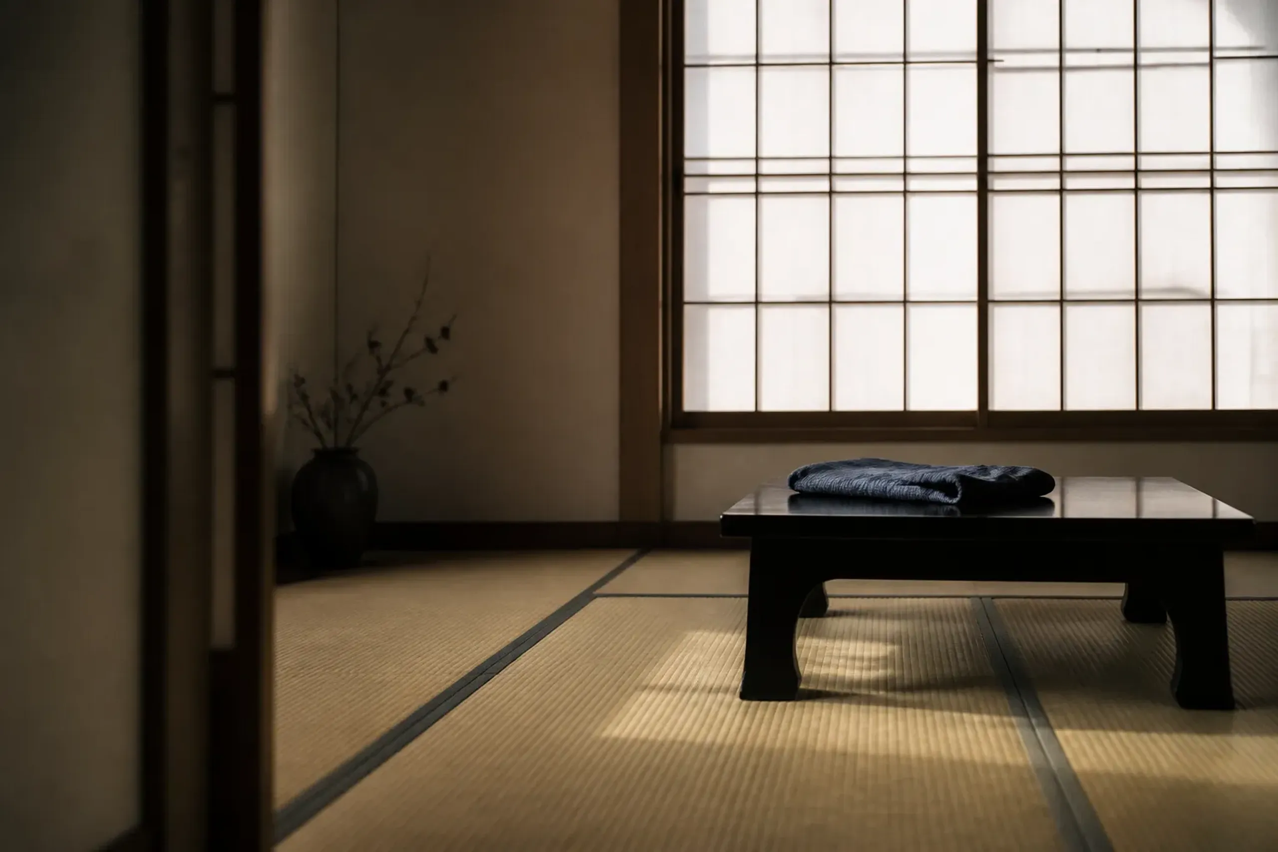 Tatami room with a low table and yukata laid out, suggesting an early night after bathing in Kusatsu
