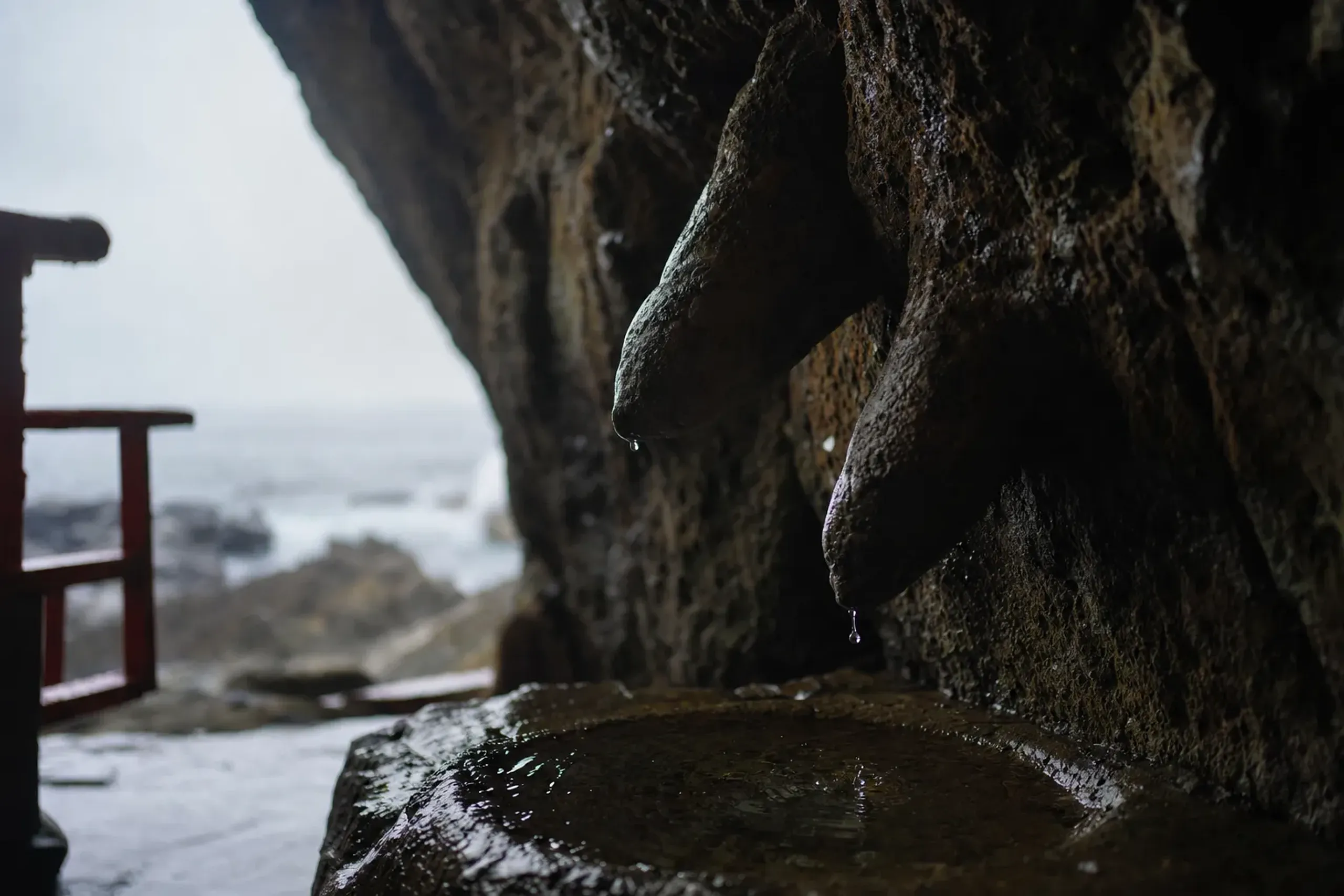 The two rounded water-dripping protrusions in the cave wall behind the hall, known in shrine tradition as the breast rocks of Toyotama-hime